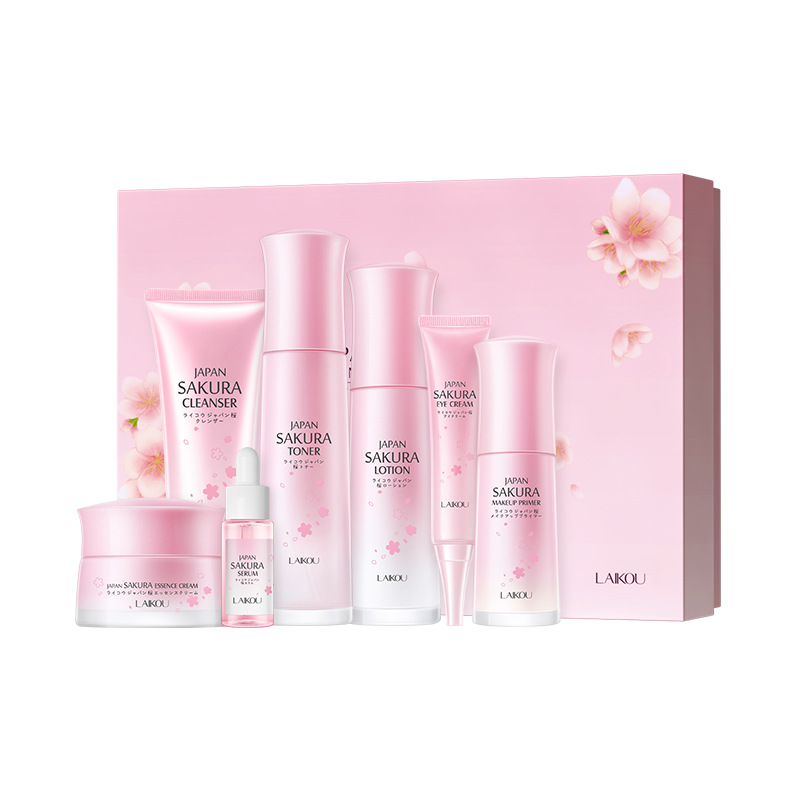 Cross-border LAIKOU Cherry Blossom Luxury Skin Care Gift Box 7-piece skin care set Moisturizing and hydrating, available for wholesale from the manufacturer Item Picture