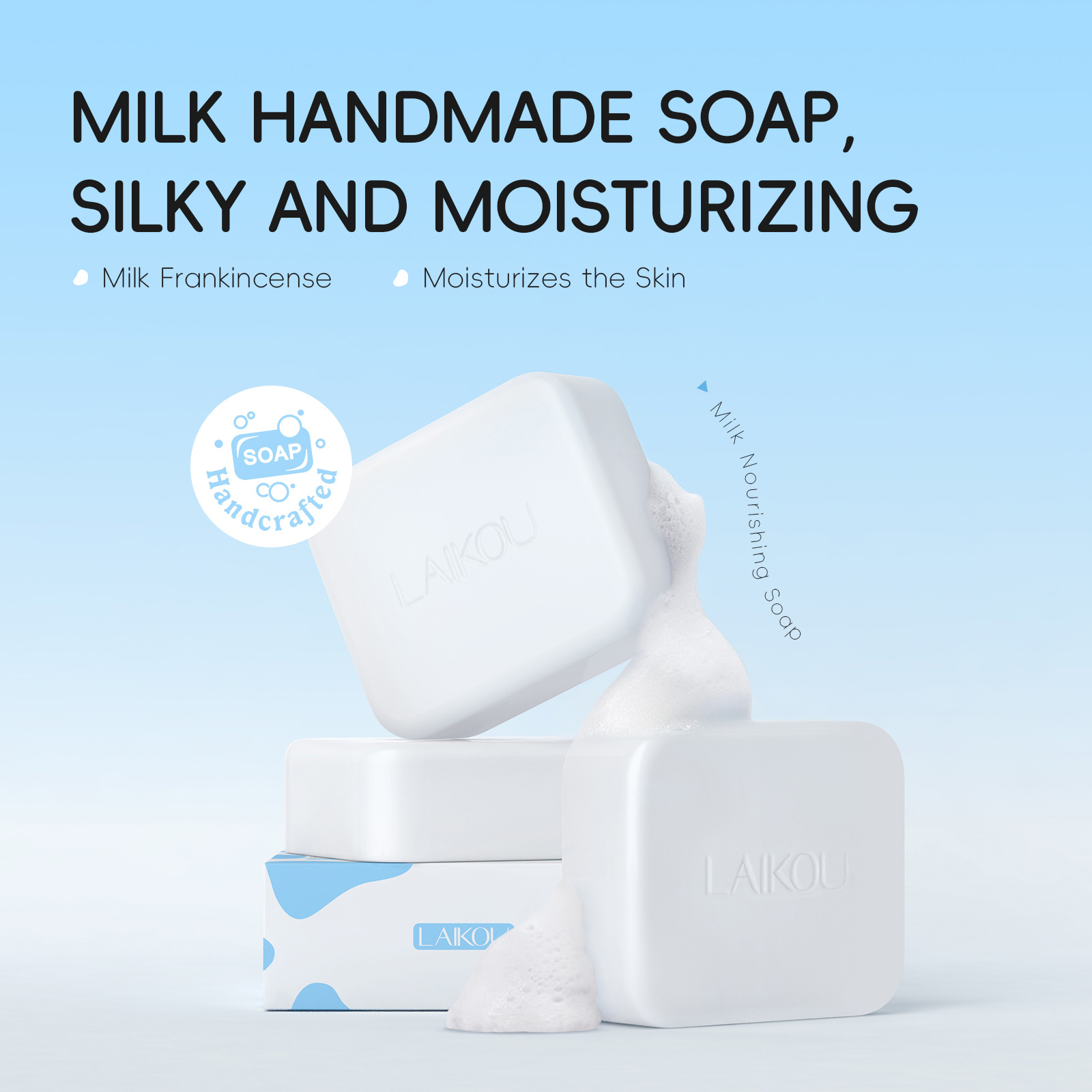 The new cross-border product LAIKOU Moisturizing and Cleaning Milk Handmade Soap 110g is in stock and available for wholesale from the manufacturer. It comes in English packaging details Picture