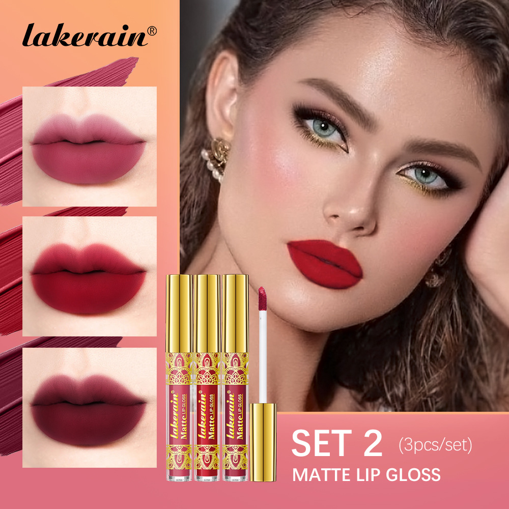 Cross-border lakerain Gold Lip gloss Matte non-Stick Cup Lip gloss Lipstick Three-piece set details Picture