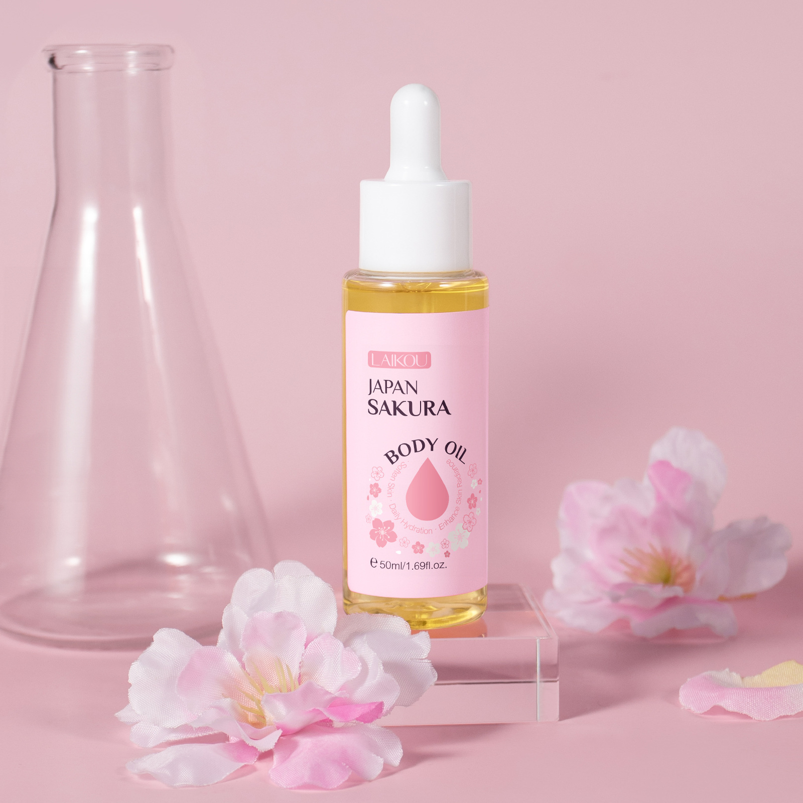 Cross-border Laikou Cherry Blossom Body Essential Oil 50g Moisturizing Essential Oil Hydrating and hydrating Manufacturer in stock, one-piece consignment, English full figure