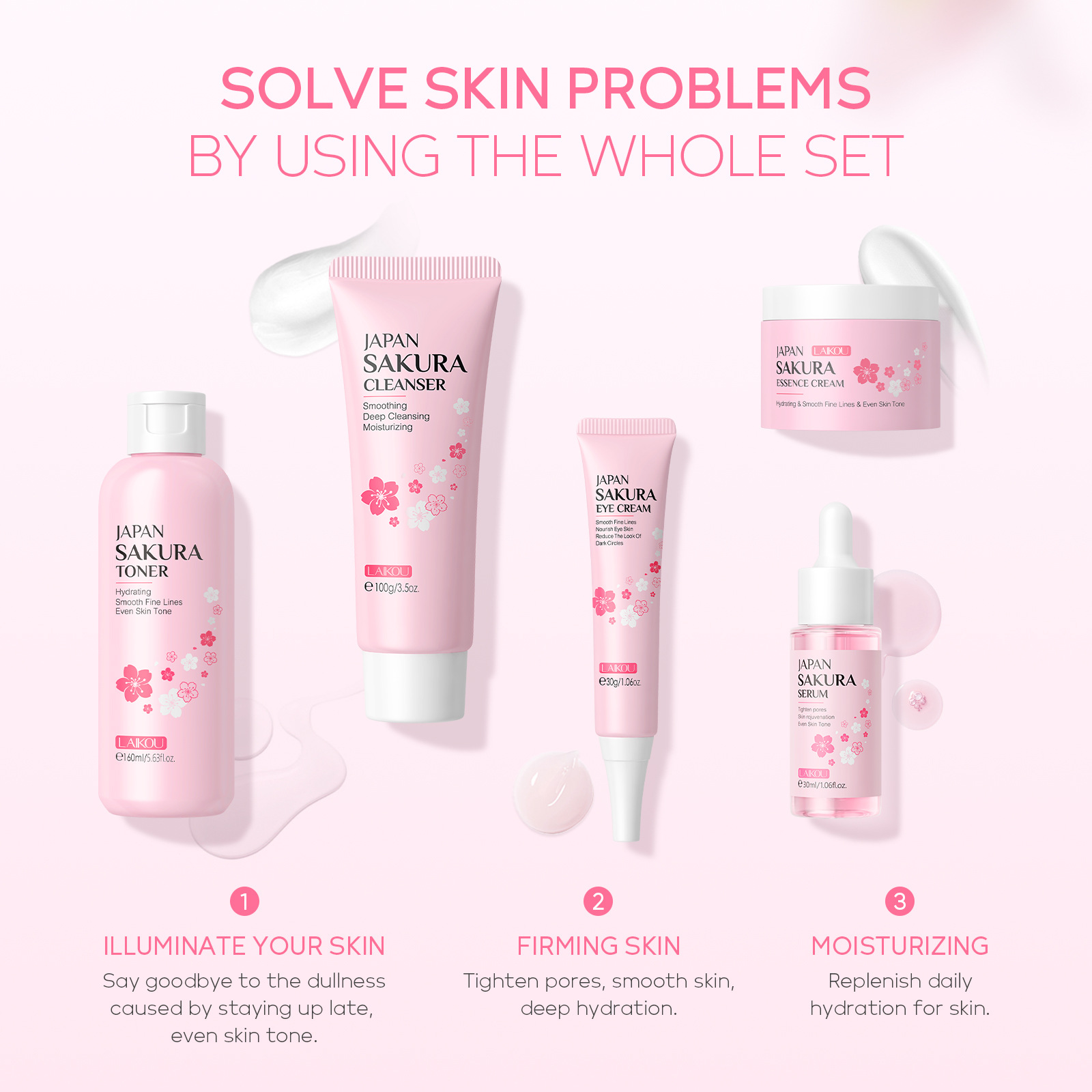 Cross-border LAIKOU Cherry Blossom 5-piece Set (Large Capacity Version) skincare product manufacturer one-piece consignment in-stock skincare set details Picture