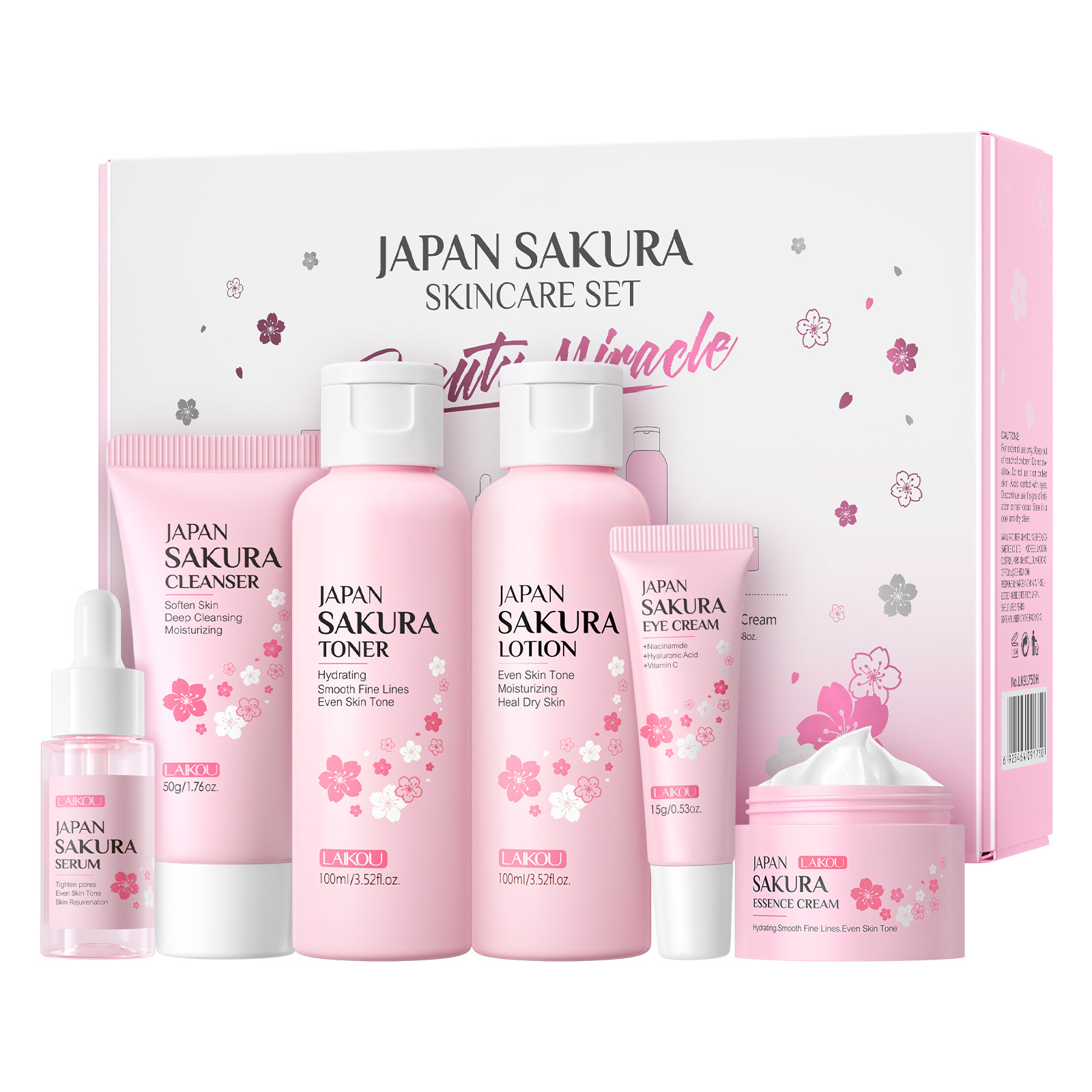 Cross-border LAIKOU Cherry Blossom Skincare Set of 6 pieces: Facial Cleanser, Lotion, Essence, Eye Cream, Essence, Cream and skincare products Item Picture