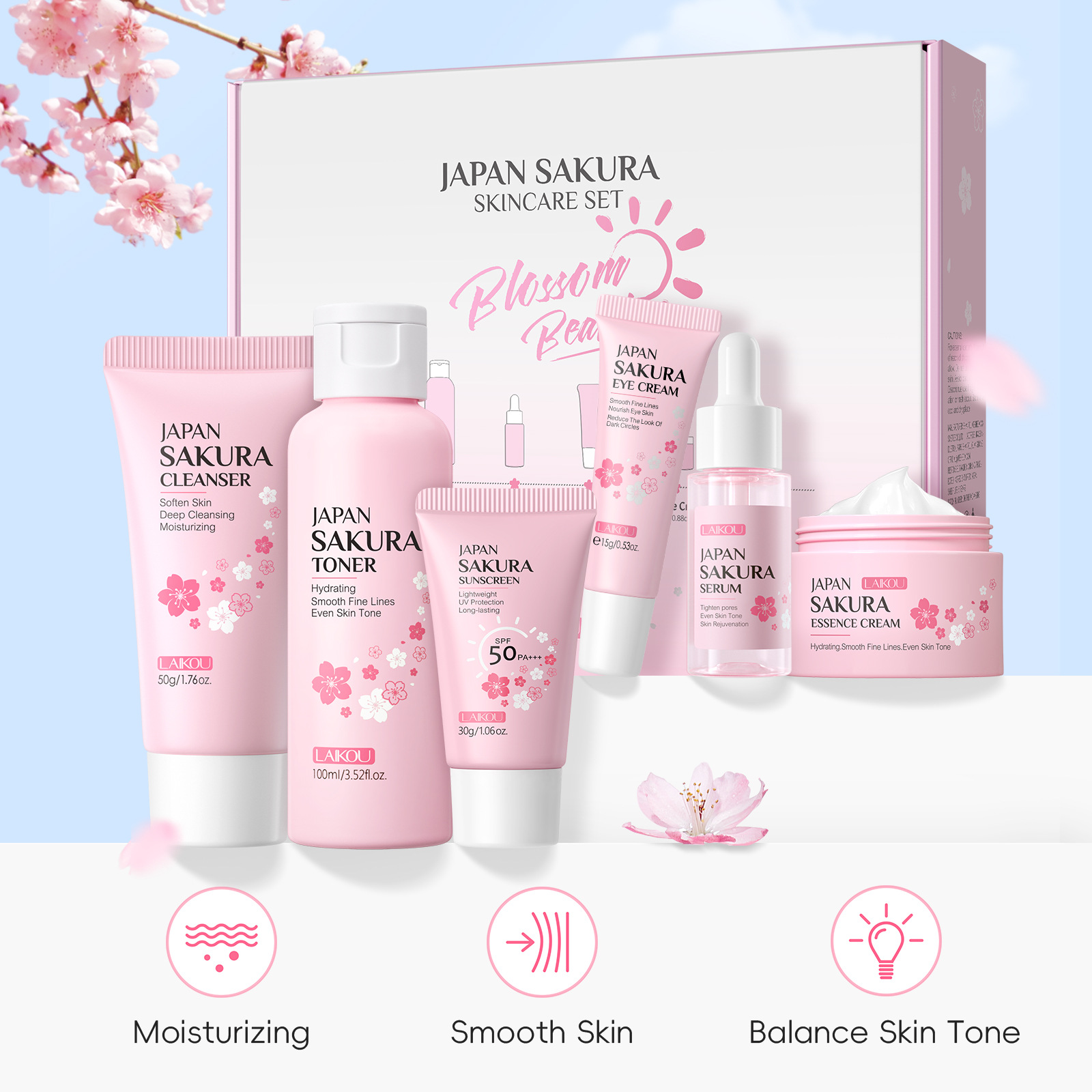 LAIKOU Cherry Blossom Skincare six-piece Set: Facial Cleanser, Essence, Eye Cream, Face Cream, Toner, sunscreen, Cross-border details Picture
