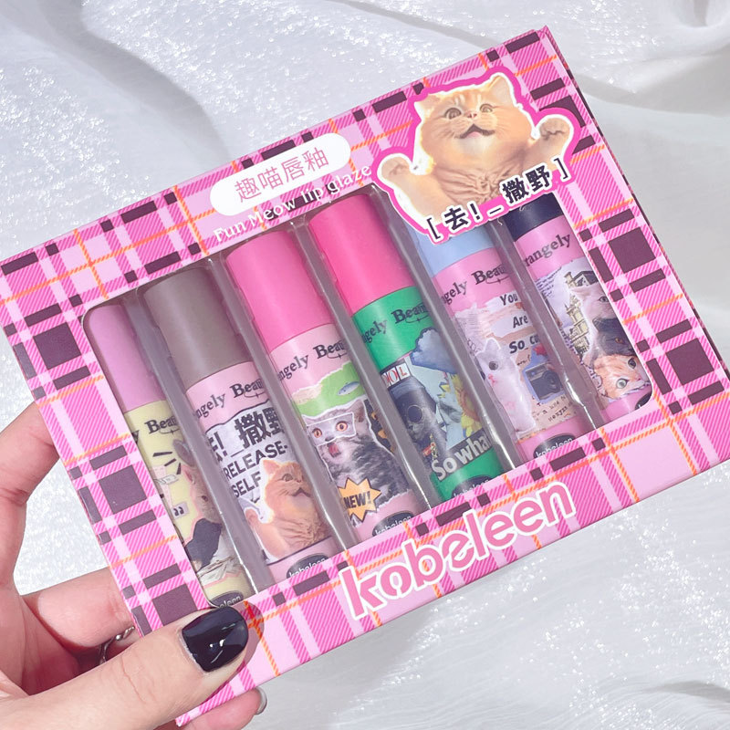 kobeleen Fun Cat Lip Gloss Six-color Set, Light and dense lipstick matte velvet Lip gloss for girls to look fair, wholesale details Picture