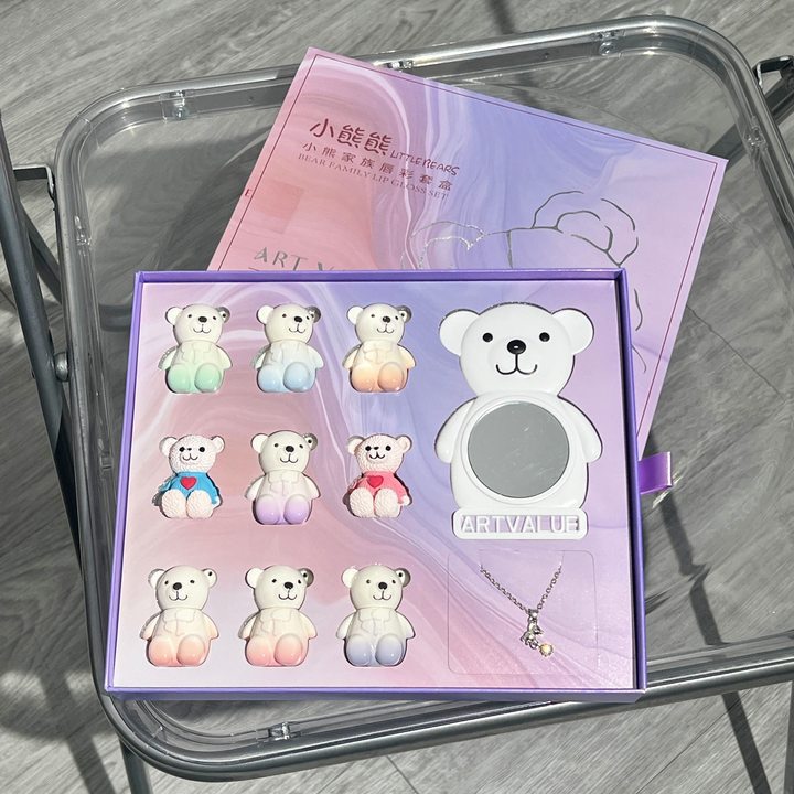 Art Value~ Little Bear Family Lip Set Matte Lip Mud Moisturizing Lip Lotion Little Bear Pendant Necklace Gift Box details Picture