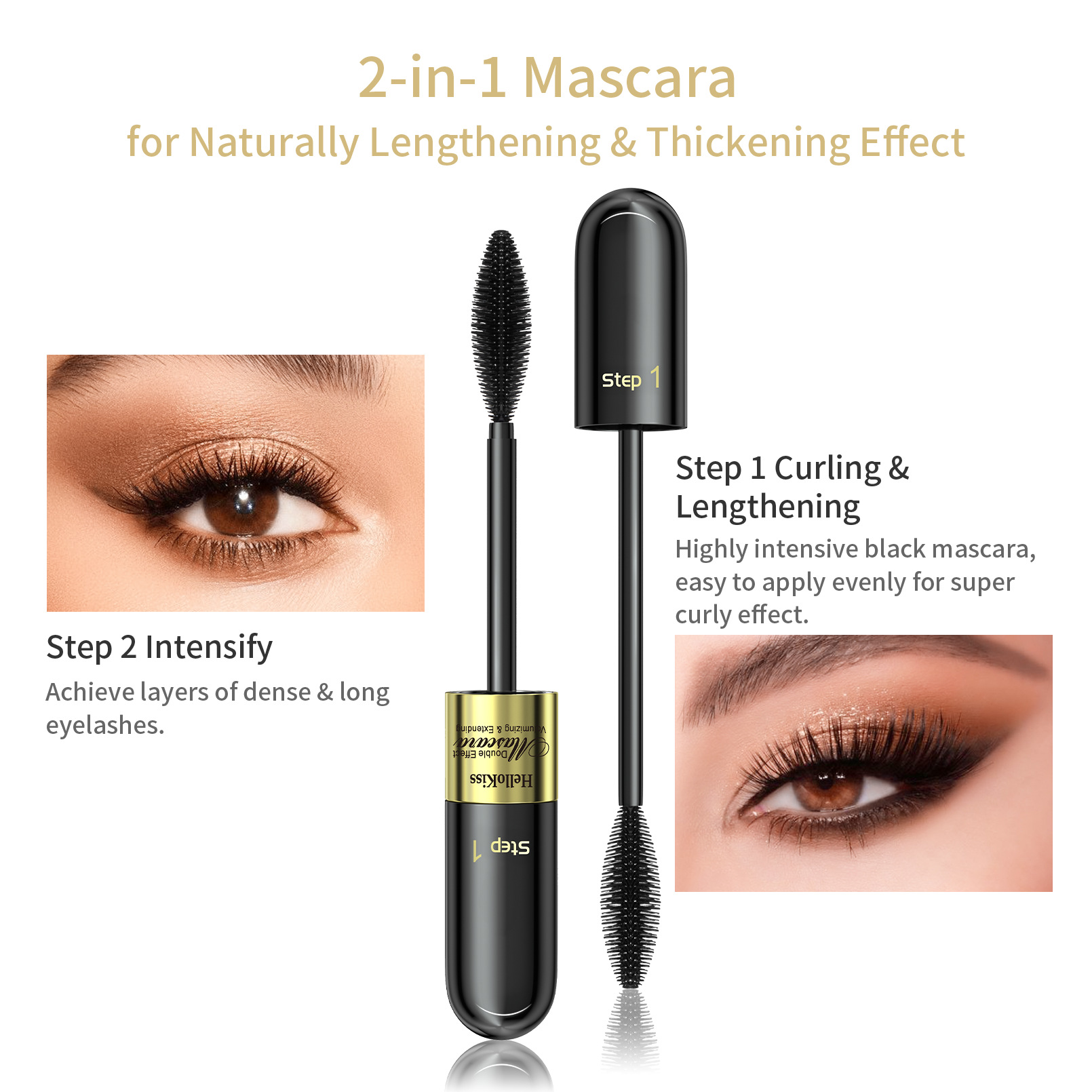 HelloKiss Dual-Effect 4D Mascara 2-in-1: Long, Curly, Thick, non-smudging, waterproof Mascara for Cross-border use details Picture