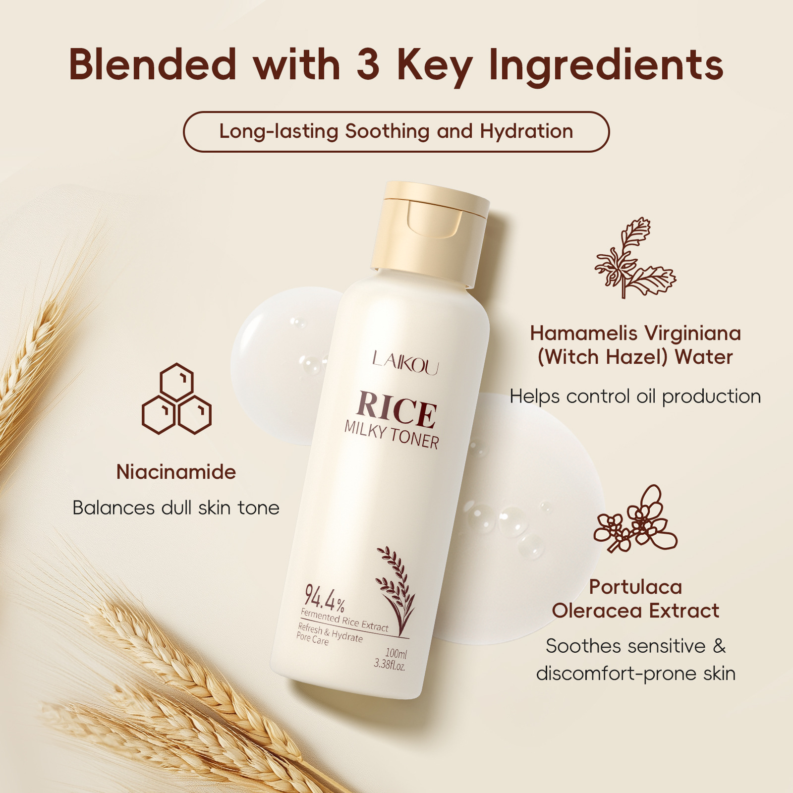 Cross-border Laiko Rice Toner 100ml Hydrates, moisturizes and nourishes, plant extract facial skin care FDA cosmetic details Picture