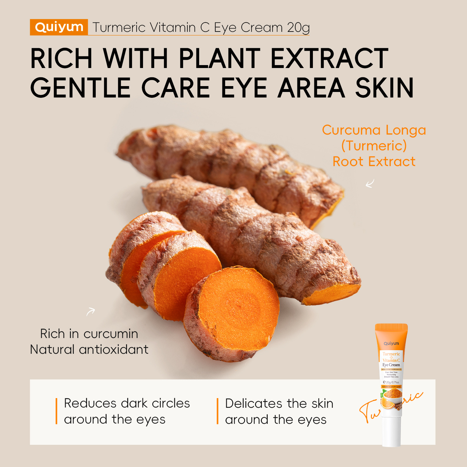 Cross-border new product QUIYUM Turmeric Vitamin c Eye Cream 20g hydrating and moisturizing, English packaging, wholesale in stock Application Scenario