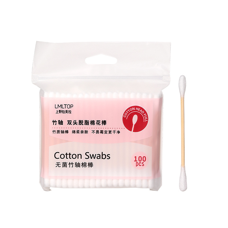 LMLTOP Double round head cotton swabs, 100 pieces, cosmetic care cotton, bamboo axis cotton swab bag, A650 Item Picture
