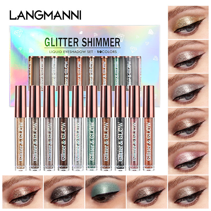 Langmanni Ten Diamond Sparkling Liquid Eyeshadow Set, Psychedelic Pearlescent Eyeshadow Gift Box full figure