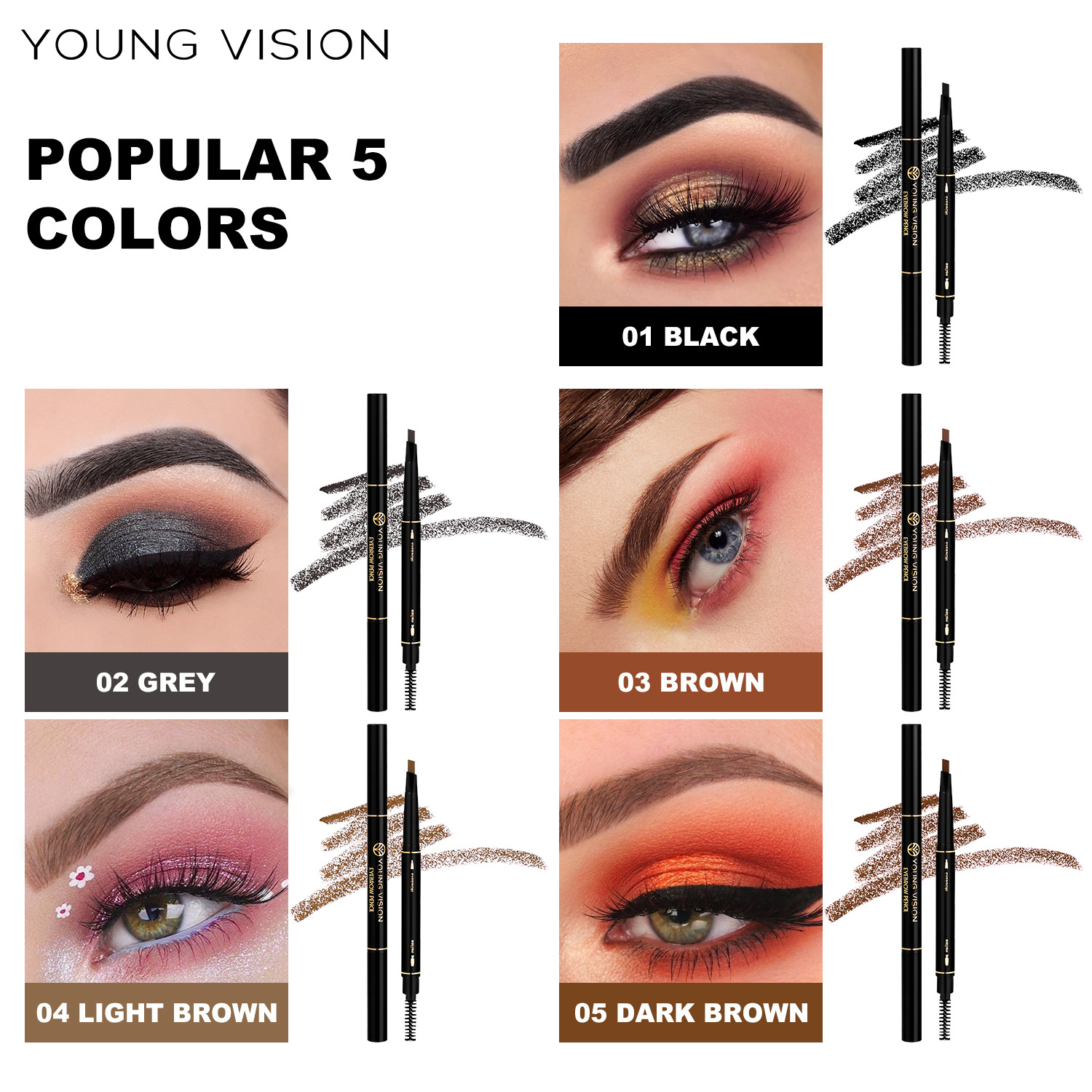 YOUNG VISION Automatic rotating double-head triangle eyebrow pencil with less smudge, double-head with brush Specification drawing