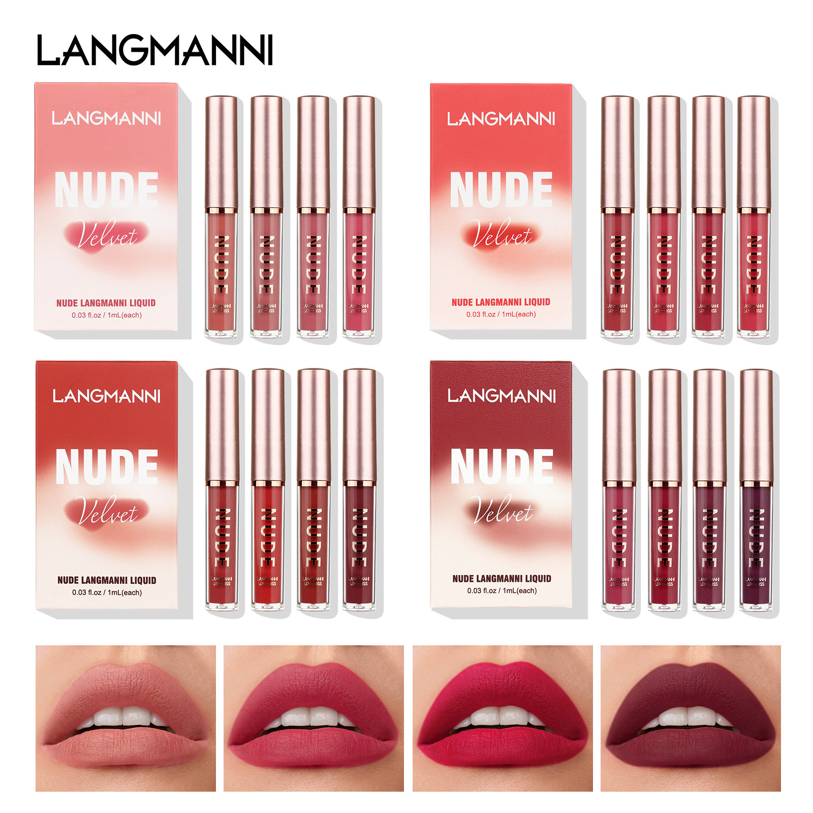 Langmani 16-piece lip gloss set, matte velvet four-box lip gloss set details Picture