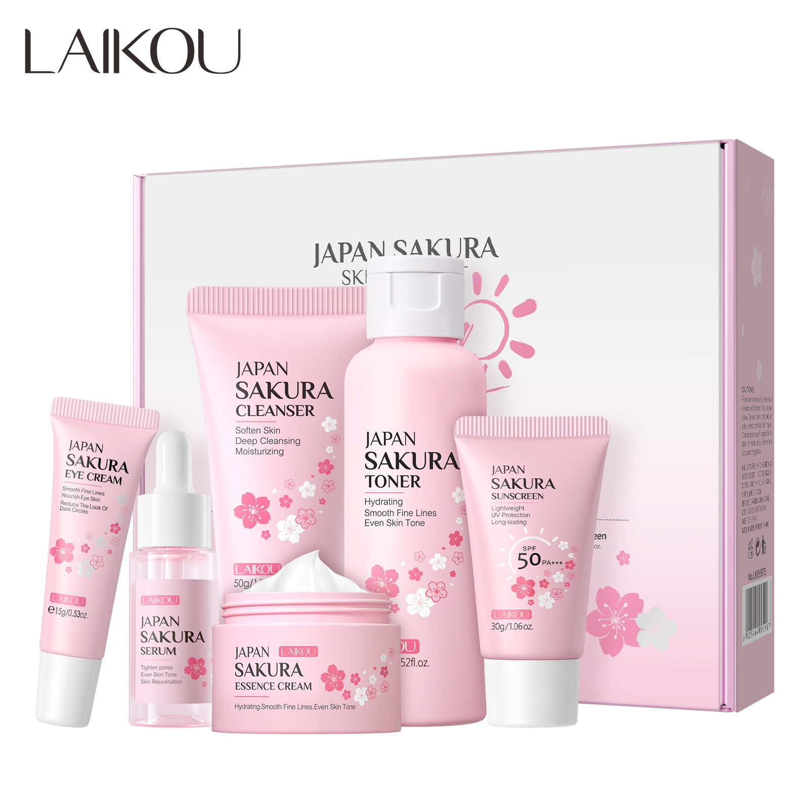LAIKOU Cherry Blossom Skincare six-piece Set: Facial Cleanser, Essence, Eye Cream, Face Cream, Toner, sunscreen, Cross-border full figure
