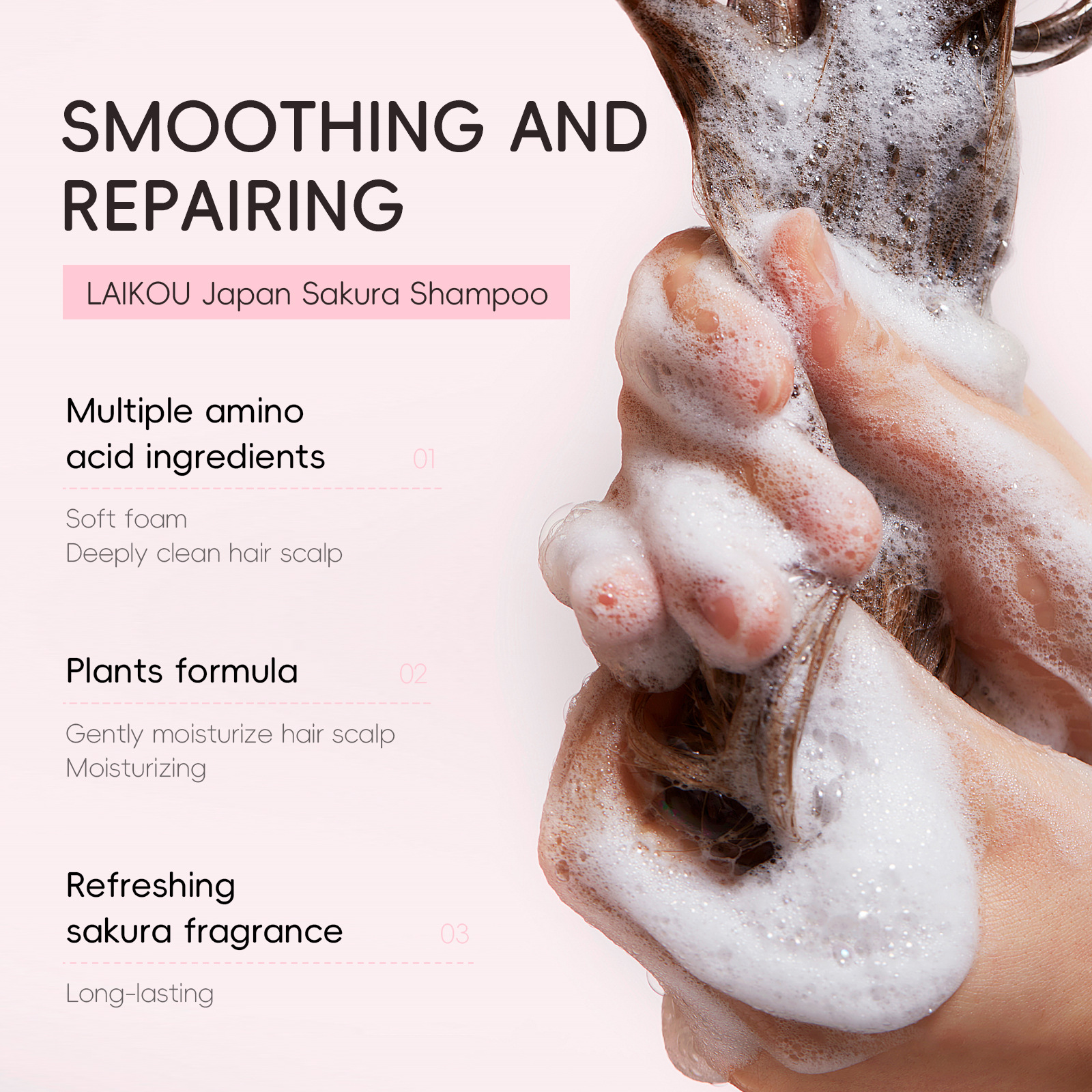 Cross-border new LAIKOU Cherry Blossom Shampoo 400ml large bottle wholesale, cleansing, softening, lustrous, long-lasting fragrance Specification drawing