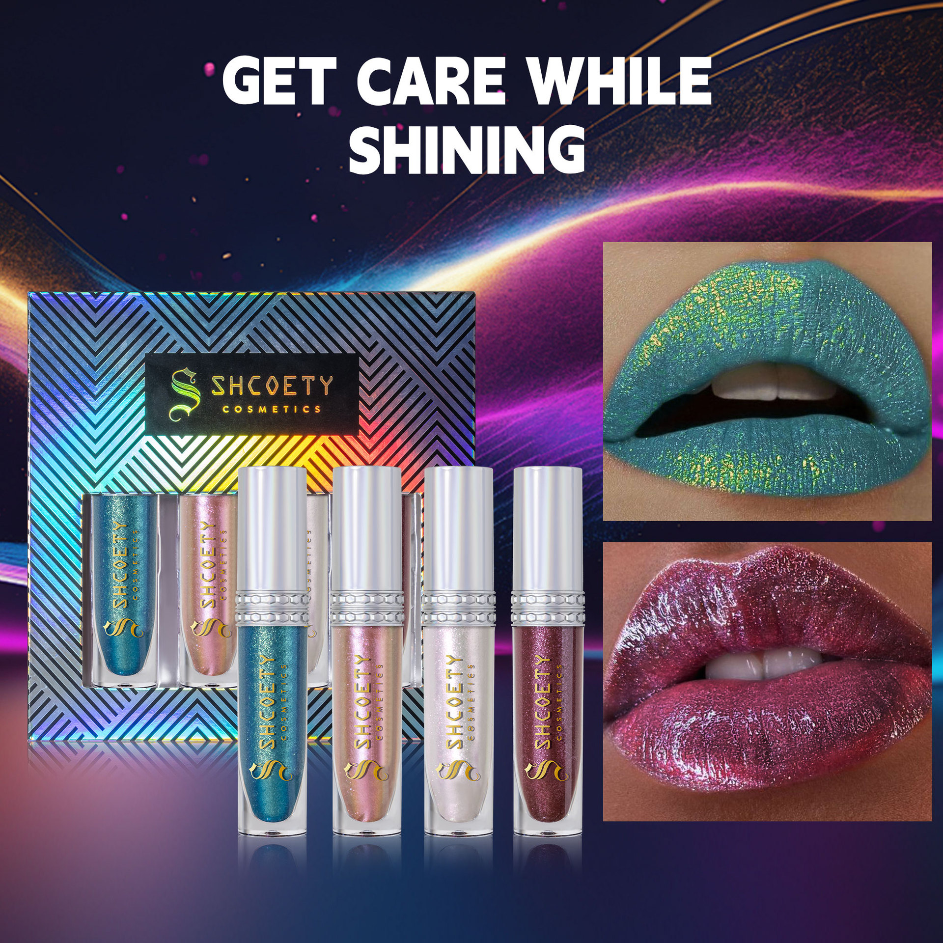 Shcoety 4-piece polarized Lip Gloss Set: Sparkling, long-lasting, easy to color, dazzling lip gloss, fine pearl glow, moisturizing lips Specification drawing