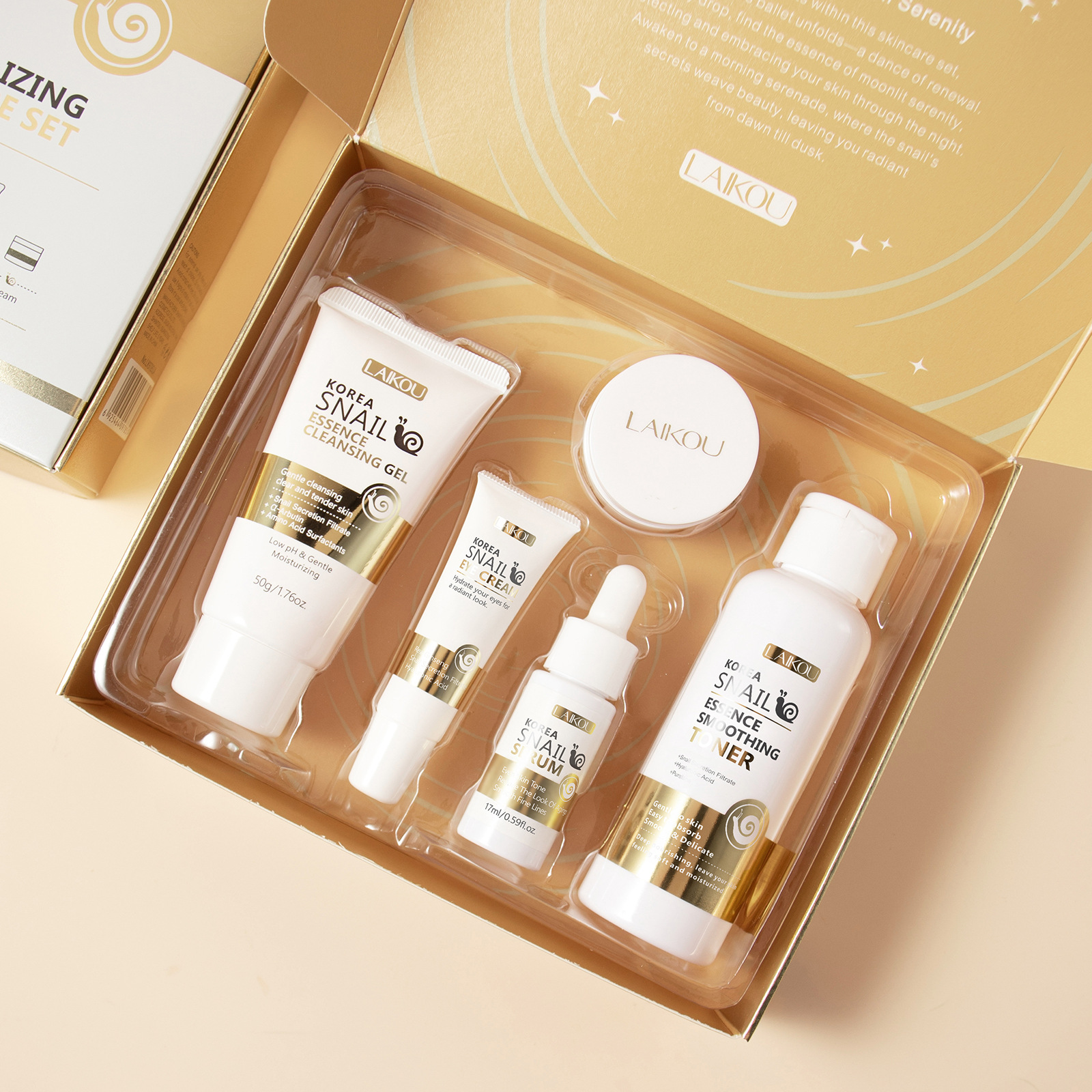 Cross-border new LAIKOU snail skin care five-piece set for facial care to brighten skin tone, manufacturer's skin care products in stock full figure