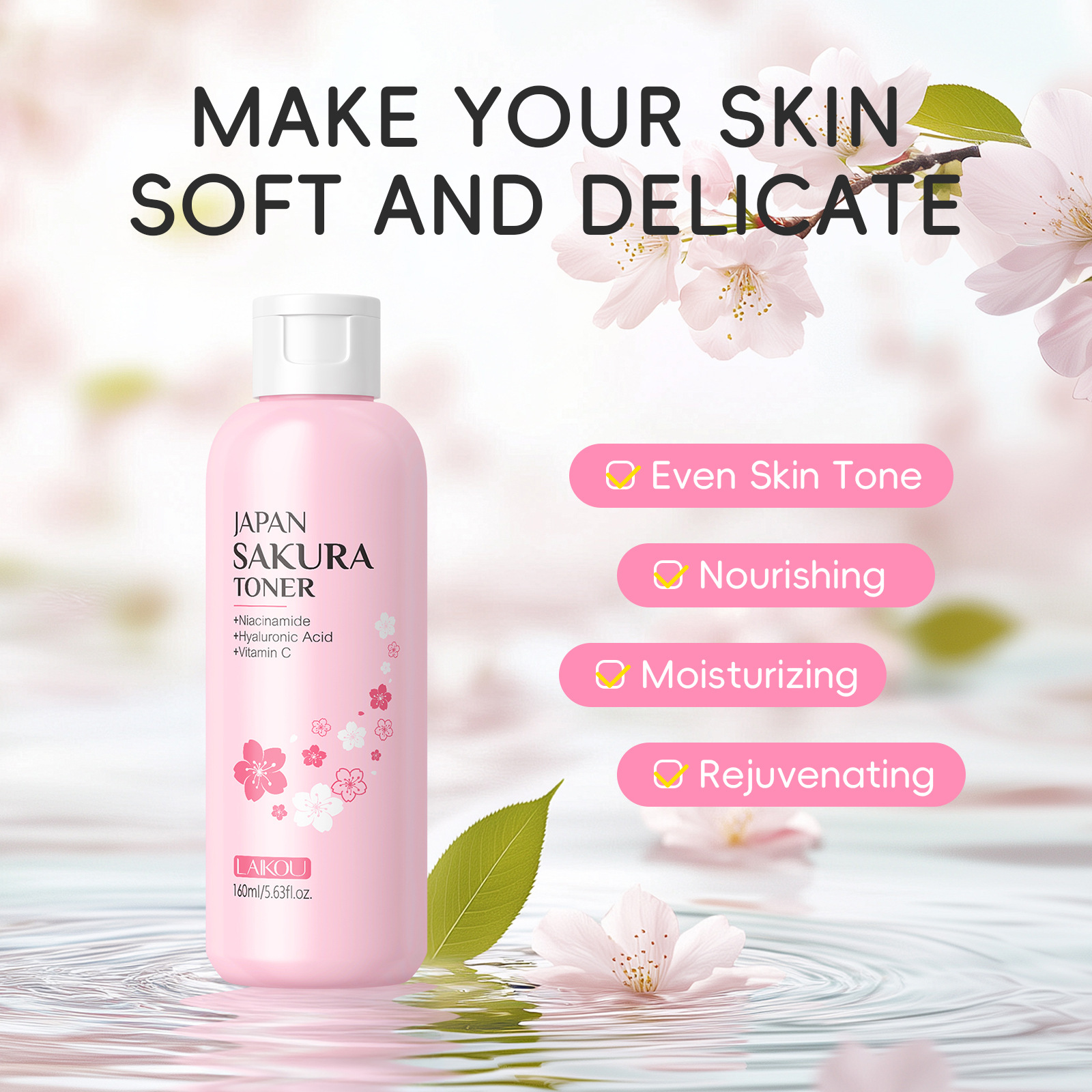 LAIKOU Cherry Blossom Toner 160ml Upgraded Large bottle Cross-border fda skin care product in English packaging Specification drawing