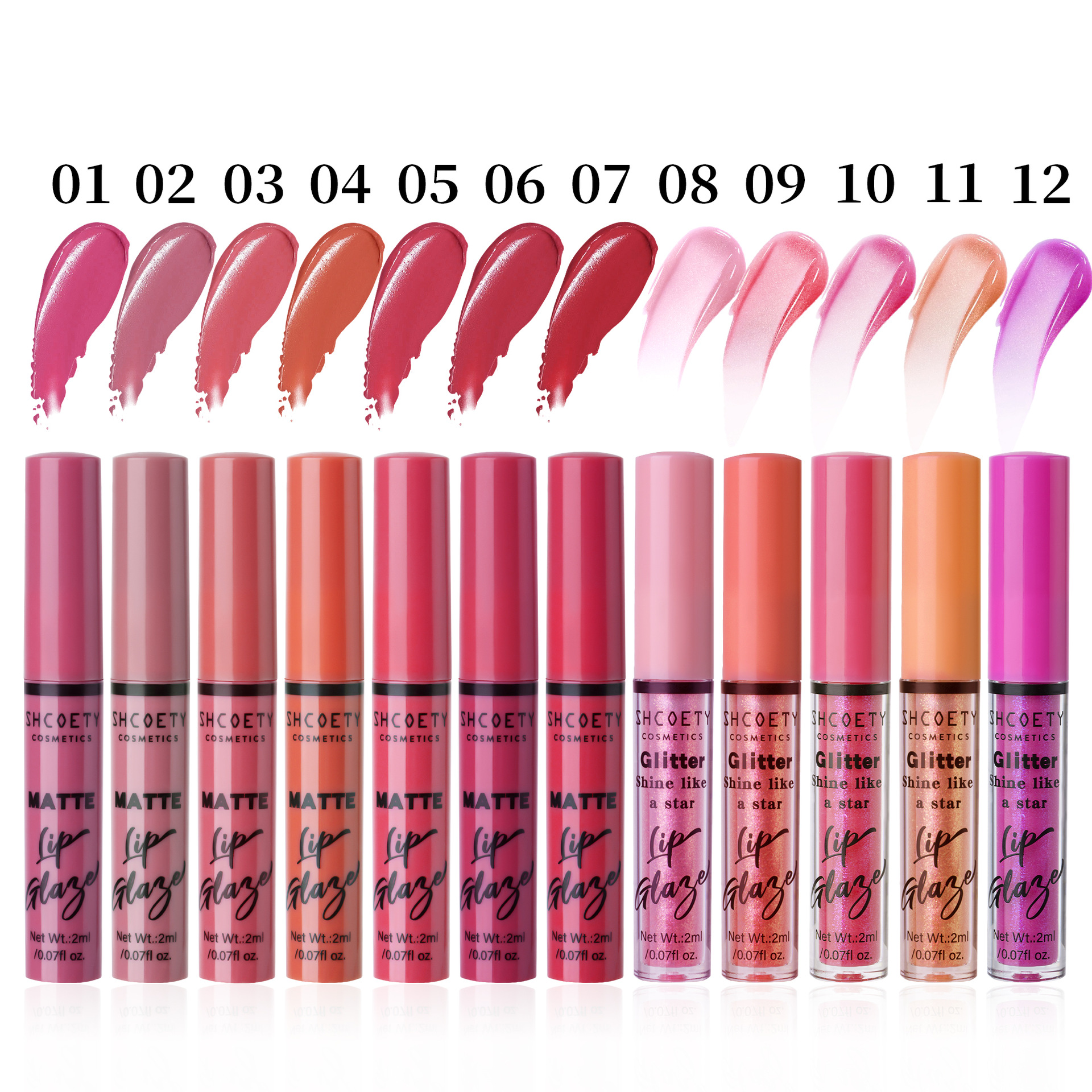 SHCOETY Cross-border 12-Lip Gloss Set Matte Fine Sparkle long-lasting non-stick cup Non-fading European and American nude lipstick Item Picture