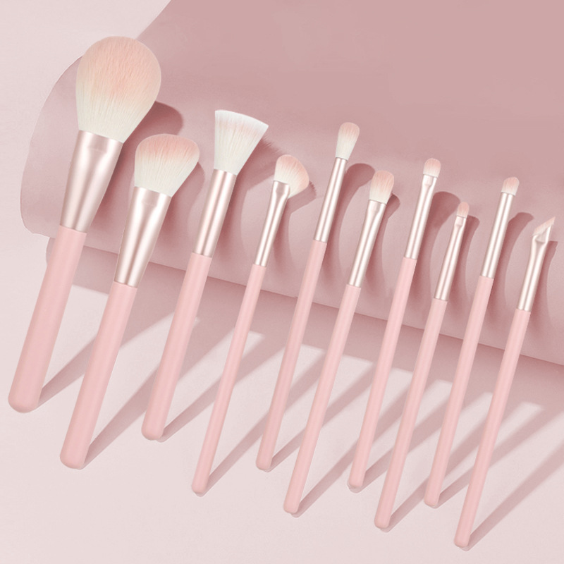 Wholesale of cross-border best-selling 10-piece makeup brush set, complete set of beauty tools with baked paint, wooden handle, dot color, blade and loose powder details Picture