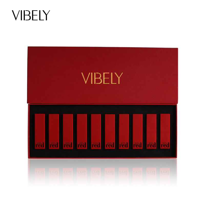 VIBELY China Red Non-Stick Cup Rim Red Gift Box Set of 10 matte matte non-fading Bright Red lipsticks Item Picture