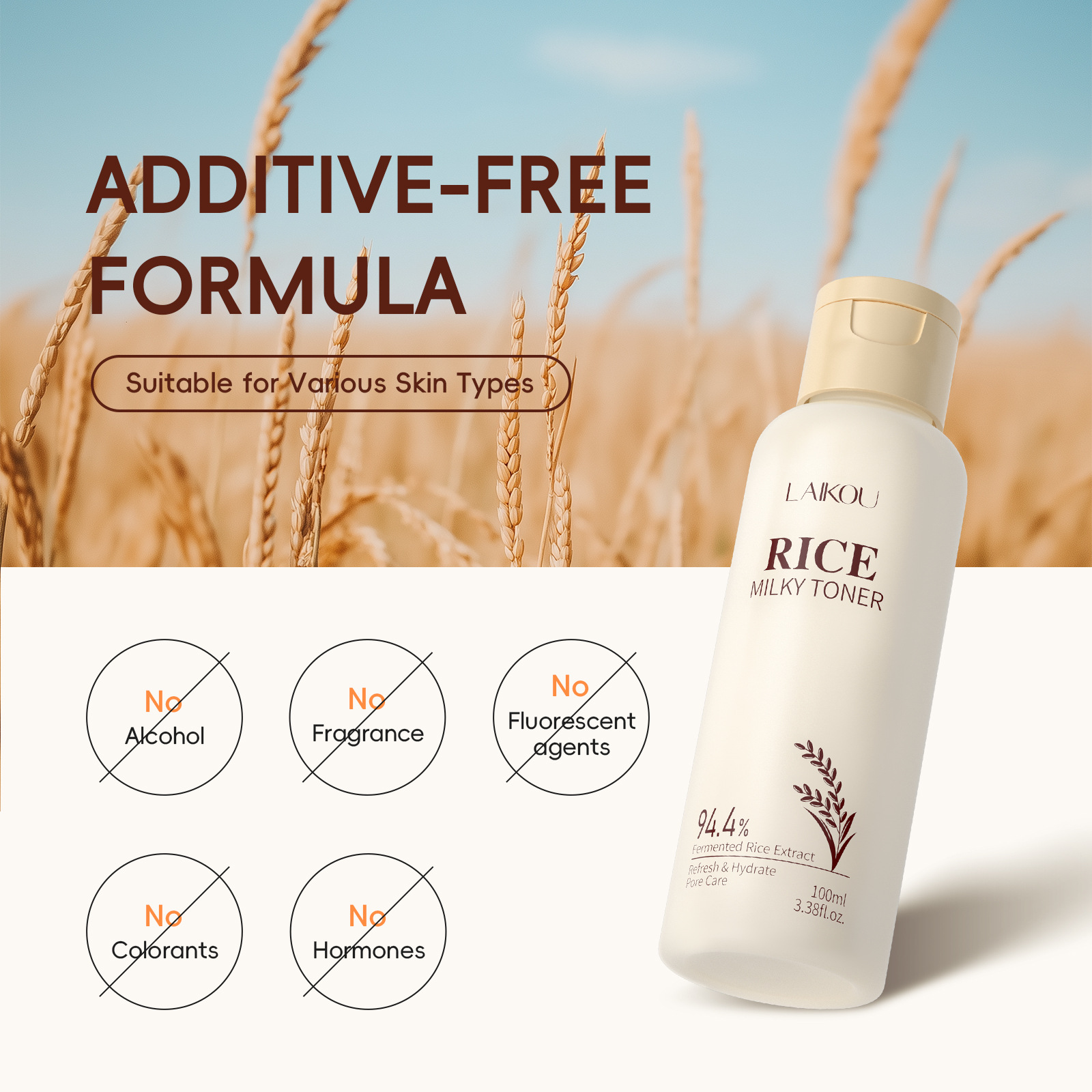 Cross-border Laiko Rice Toner 100ml Hydrates, moisturizes and nourishes, plant extract facial skin care FDA cosmetic Specification drawing