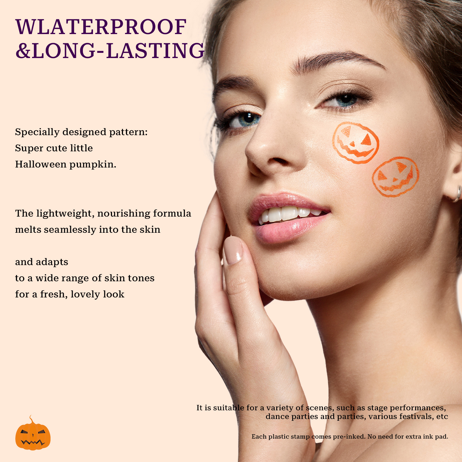 Cross-border Halloween Pumpkin smiling face stamp, long-lasting waterproof, mute, quick-drying, Halloween party stamp air cushion Specification drawing