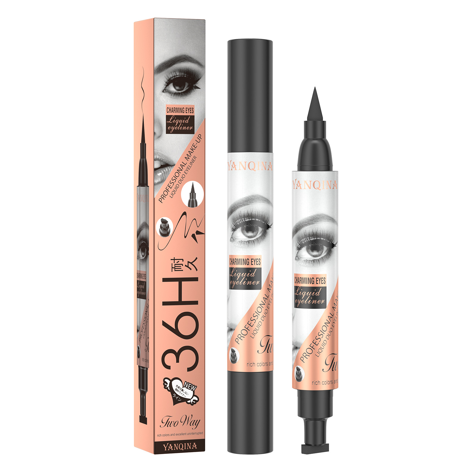 New YANQINA double-headed triangular seal eyeliner non-smudge waterproof Stamp eyeliner for cross-border use Item Picture