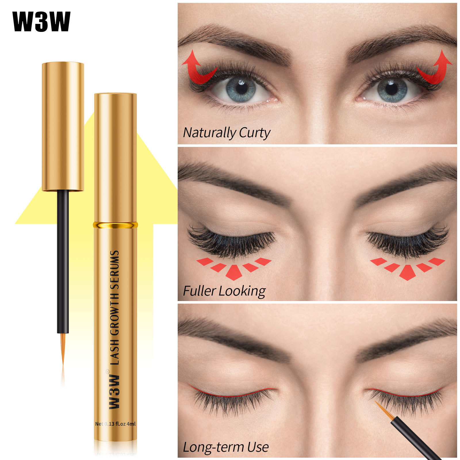 W3W Cross-border Gold Tube Thickening Mascara, Natural Thickening, transparent and colorless Mascara Base, Slimming Liquid Makeup Application Scenario