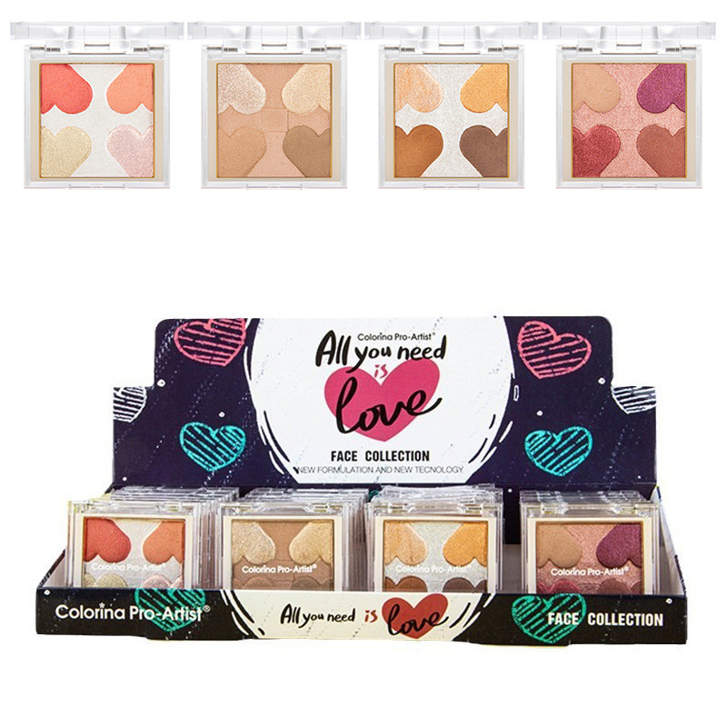 Wholesale of Korean-style cosmetics for teenage girls in stock with a heart-shaped "Bang Bang" four-color eyeshadow, blush, matte, fine glitter and contouring palette full figure