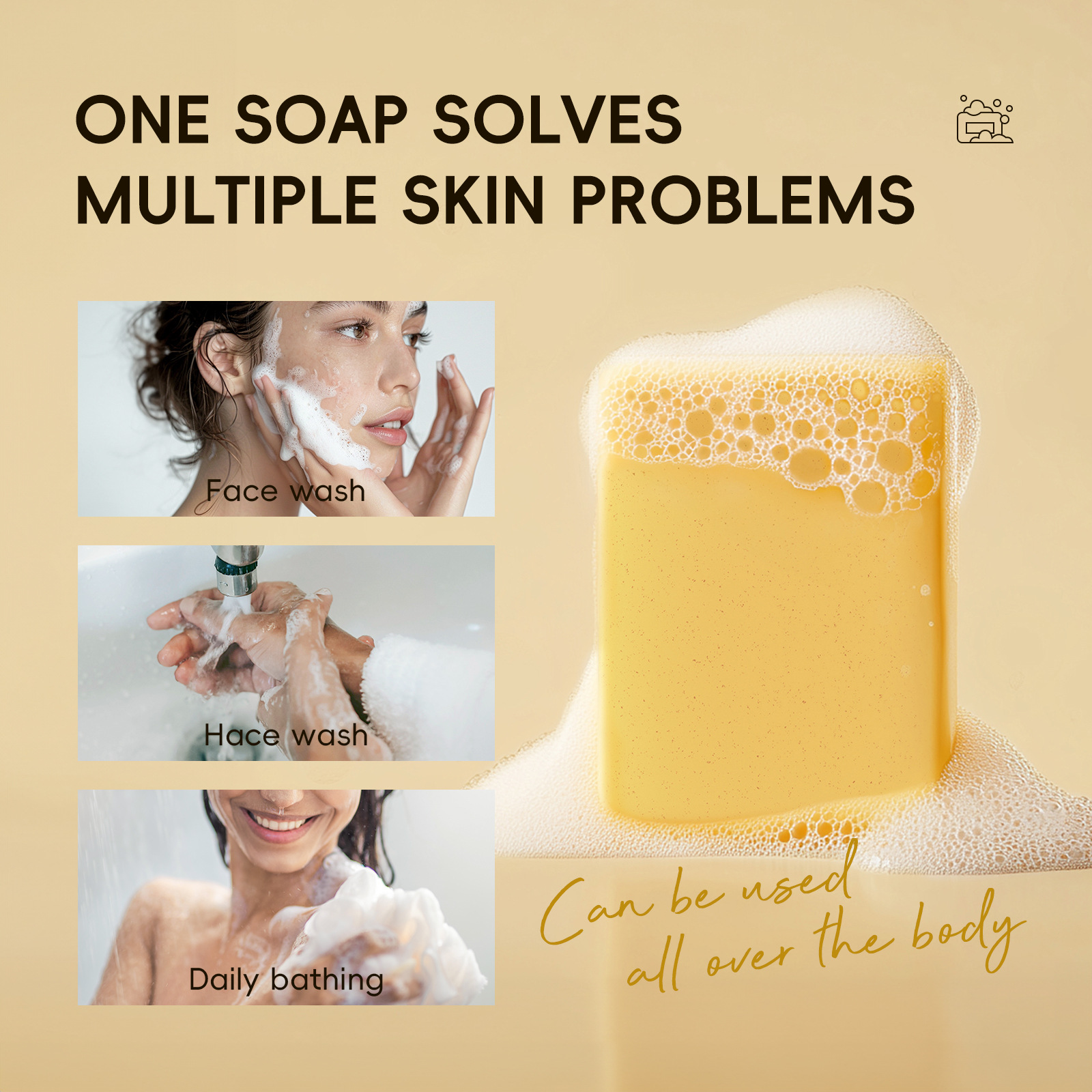 Cross-border new product LAIKOU Curic Acid Turmeric Soap 120g for cleansing facial skin and brightening complexion. Wholesale of facial soap Application Scenario