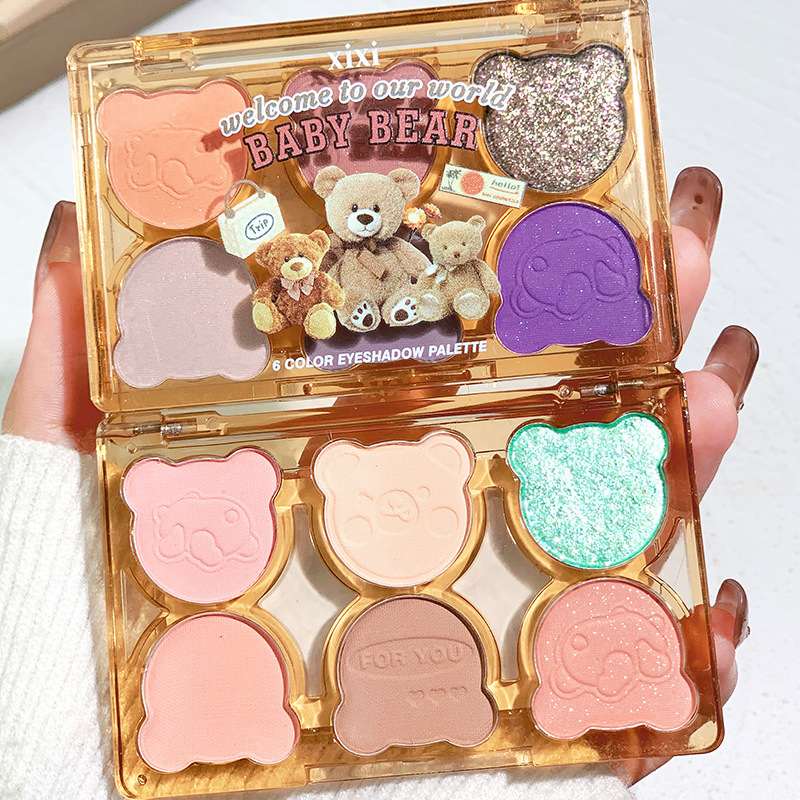 Beauty xixi Working Bear six-color eyeshadow, cool, broken diamond pink, purple and blue contrast color y2k imitation smoky cut eye makeup details Picture