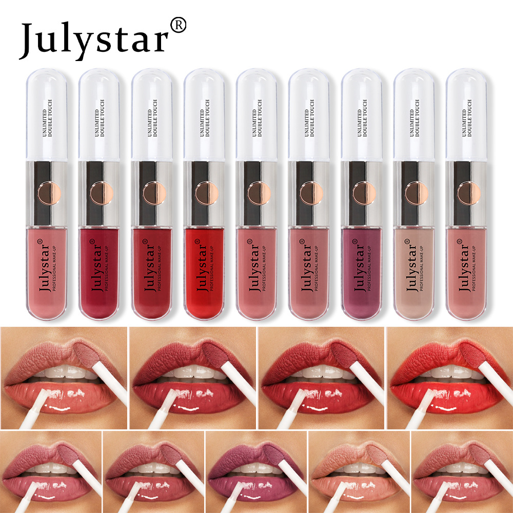 Julystar Beauty's double-head mirror lip gloss is easy to apply and does not fade or stick to a cup of water full figure