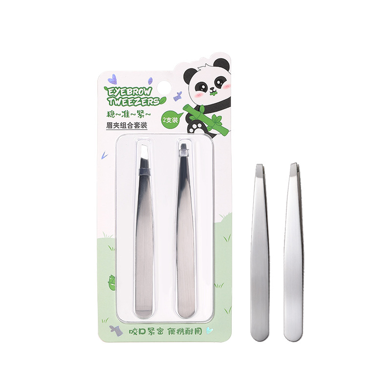 LMLTOP Panda Series Eyebrow tweezers, two sets of flat and slanted stainless steel eyebrow pliers, eyebrow plucking tweezers SY527 Item Picture