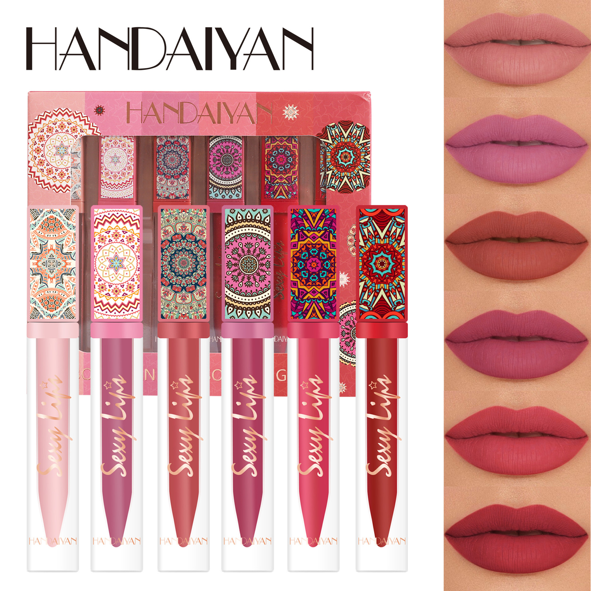 Cross-border handaiyan Lipstick 6-color lip gloss set, long-lasting waterproof non-stick cup, matte lip gloss makeup wholesale full figure