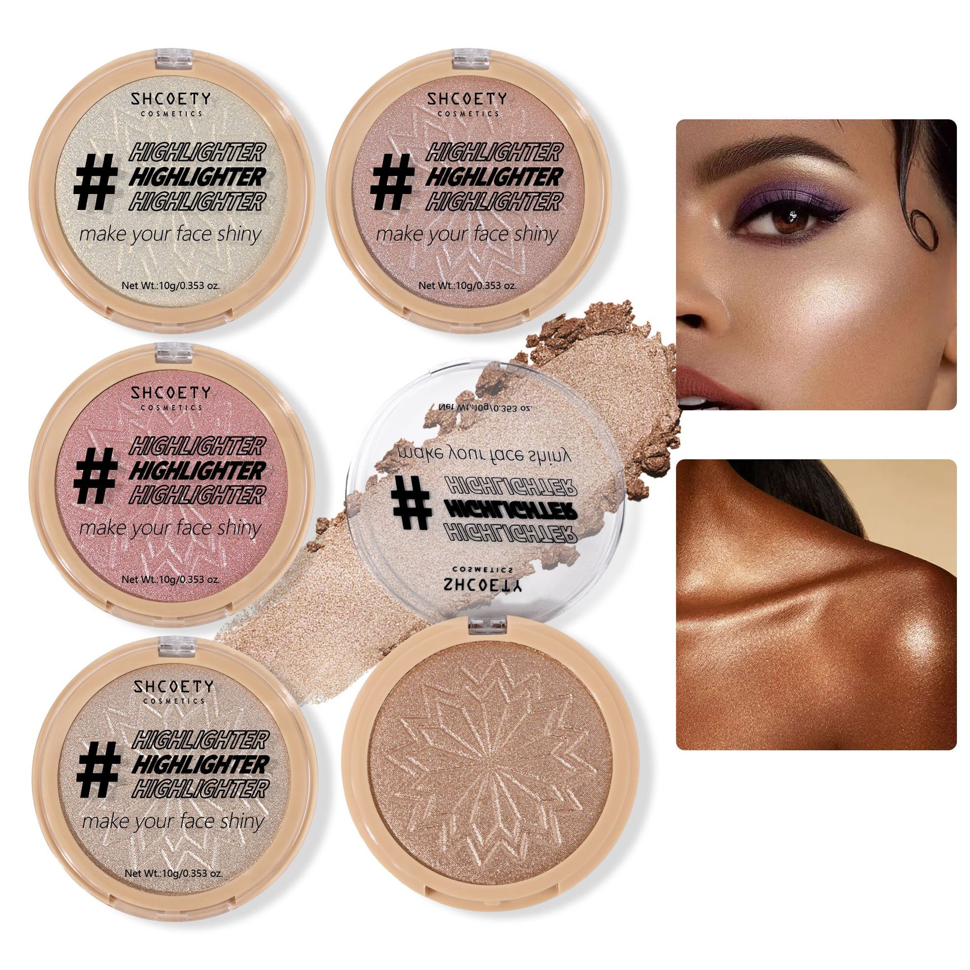 SHCOETY Cross-border 5-color Highlighter Powder Compact Facial brightening and contouring Set Long-lasting waterproof Highlighter Powder Cream Makeup full figure