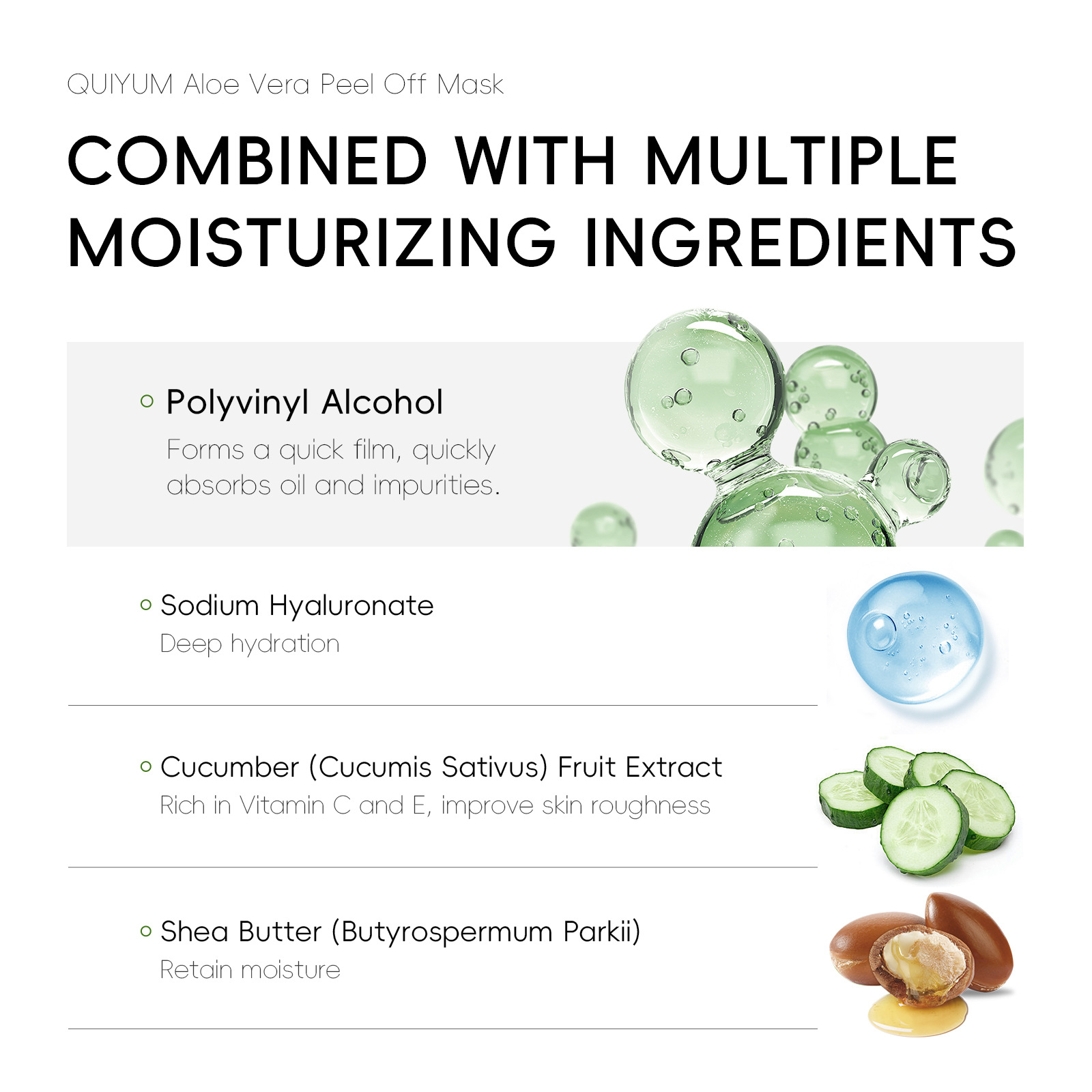 Cross-border new product quiyum Aloe vera peel-off mask Mud 50g, application-based cleansing mask jelly hydrating FDA manufacturer Specification drawing