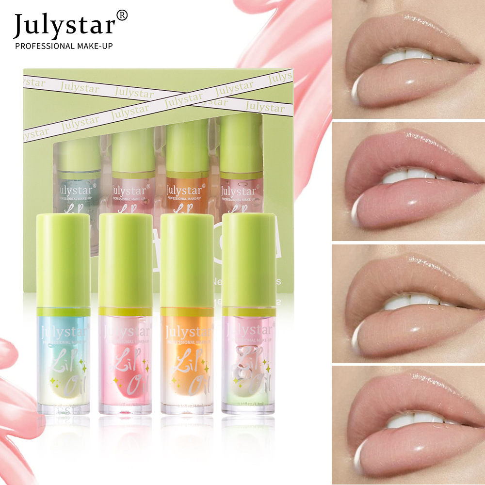 Julystar Hydrating Head Brush Lip Gloss Mirror Moisturizing Hami Melon Lip Oil 4-bottle Set Wholesale Makeup full figure
