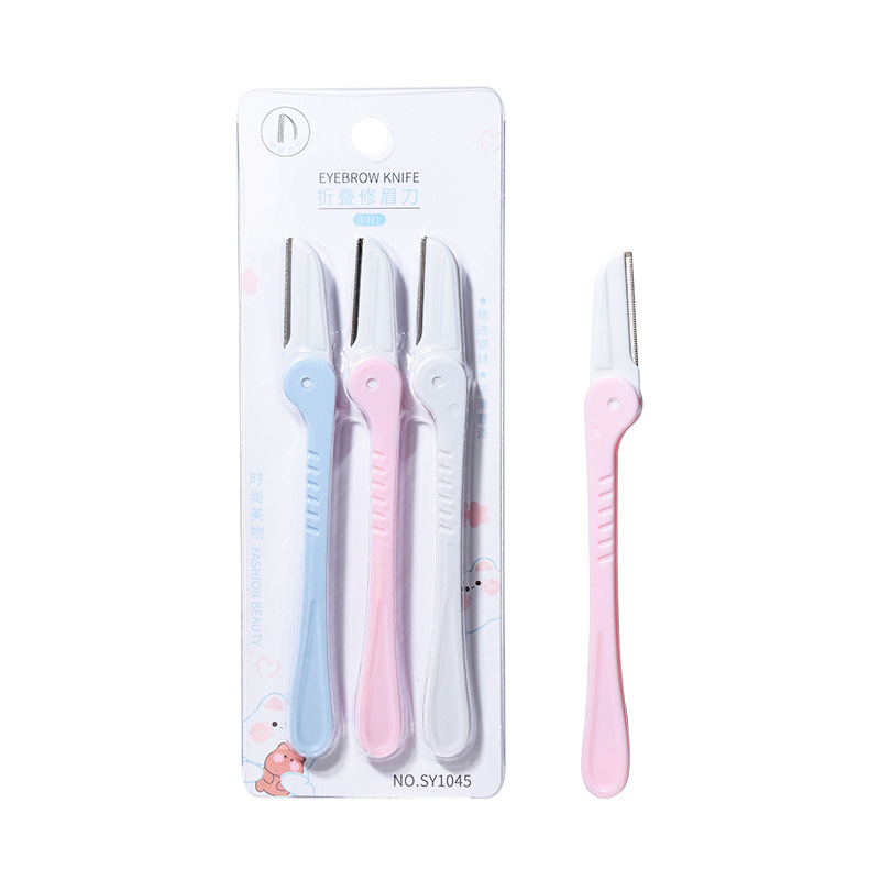 LMLTOP Three-piece folding eyebrow trimmer, stainless steel sharp blade with protective net, eyebrow scraper SY1045 Item Picture