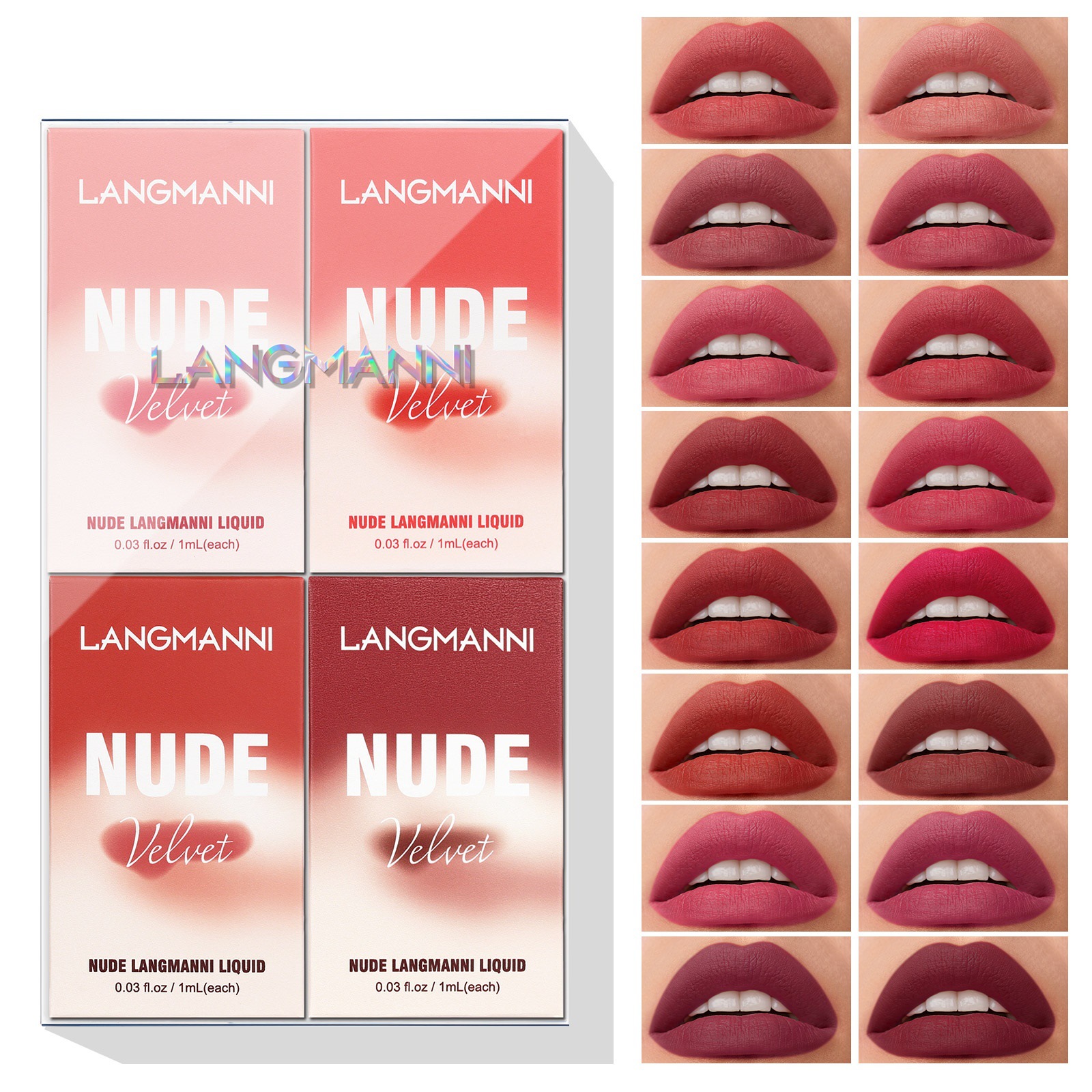 Langmani 16-piece lip gloss set, matte velvet four-box lip gloss set full figure