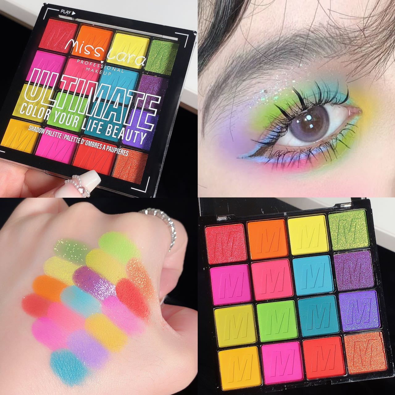 Misslara 16-color eyeshadow palette, featuring a variety of pearlescent, glitter, matte, and ground tones for children's stage makeup full figure