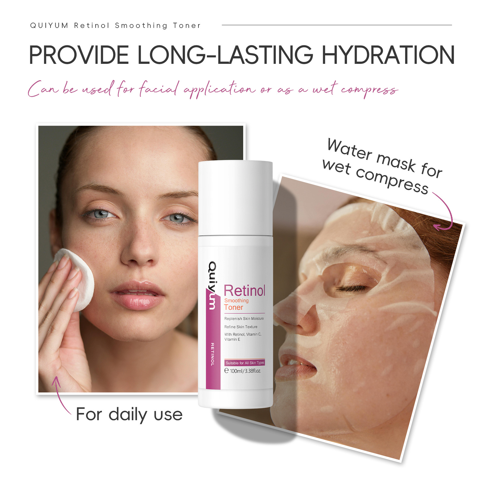 Cross-border QUIYUM Retinol Toner 100ml is a skincare product from a manufacturer that hydrates, moisturizes, nourishes and makes the skin tender and elastic Application Scenario