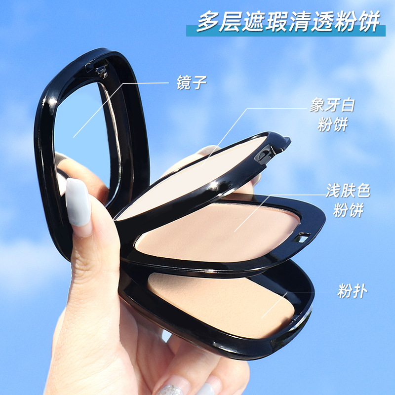 Clear and transparent double-layer powder compact, waterproof, long-lasting, oil-control, touch-ups, setting, concealer, non-sticking powder, dry and wet dual-purpose contouring powder compact Specification drawing