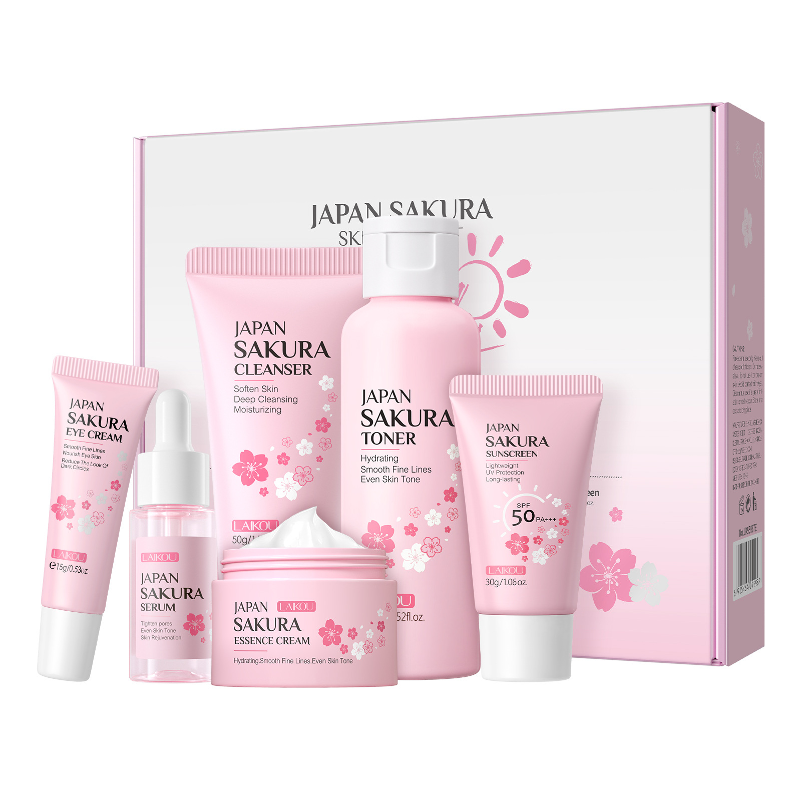 LAIKOU Cherry Blossom Skincare six-piece Set: Facial Cleanser, Essence, Eye Cream, Face Cream, Toner, sunscreen, Cross-border Item Picture