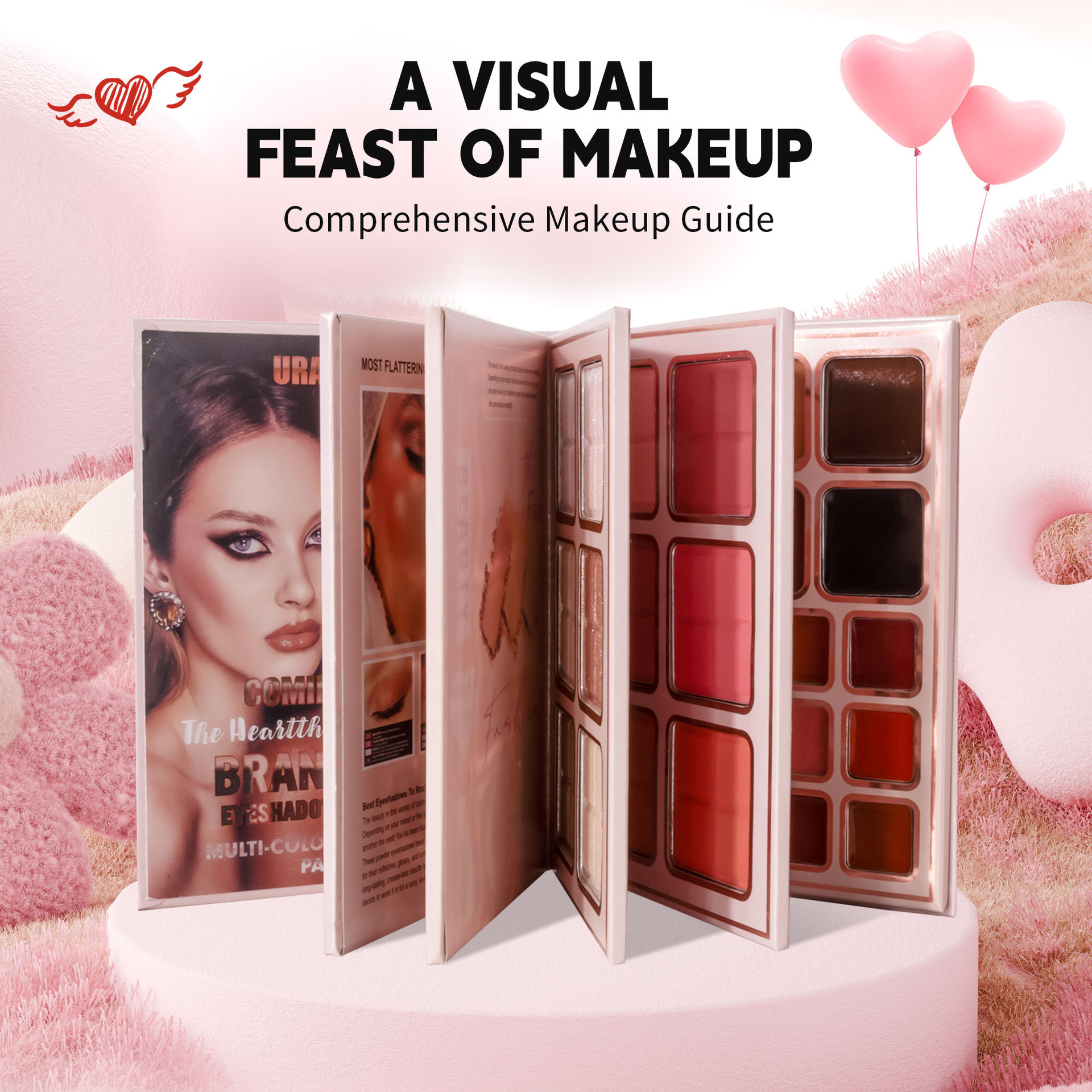 Uratm 78-color makeup palette set, 5-layer heart-shaped flip-up eyeshadow palette, matte and pearlescent blush, contour and highlight in one piece details Picture