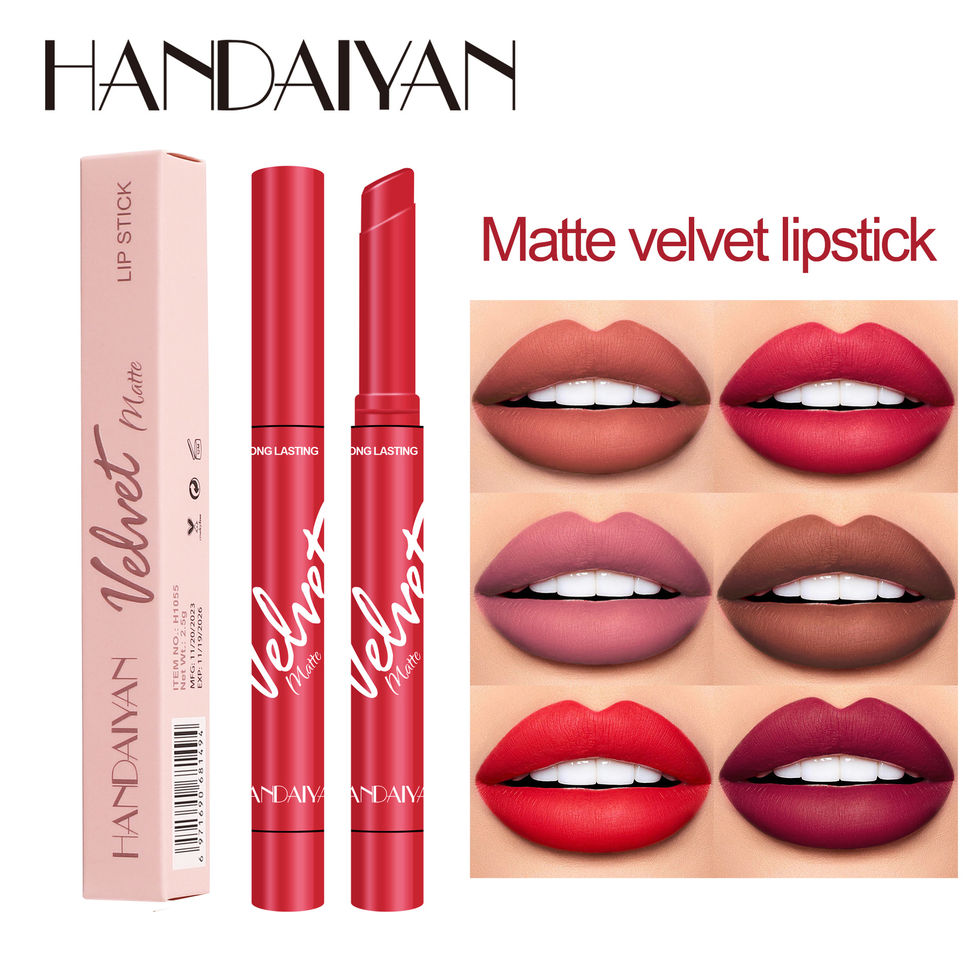Cross-border matte lipstick 8-color Han Daiyan matte velvet long-lasting and easy-to-apply rotating lipstick pen in stock full figure