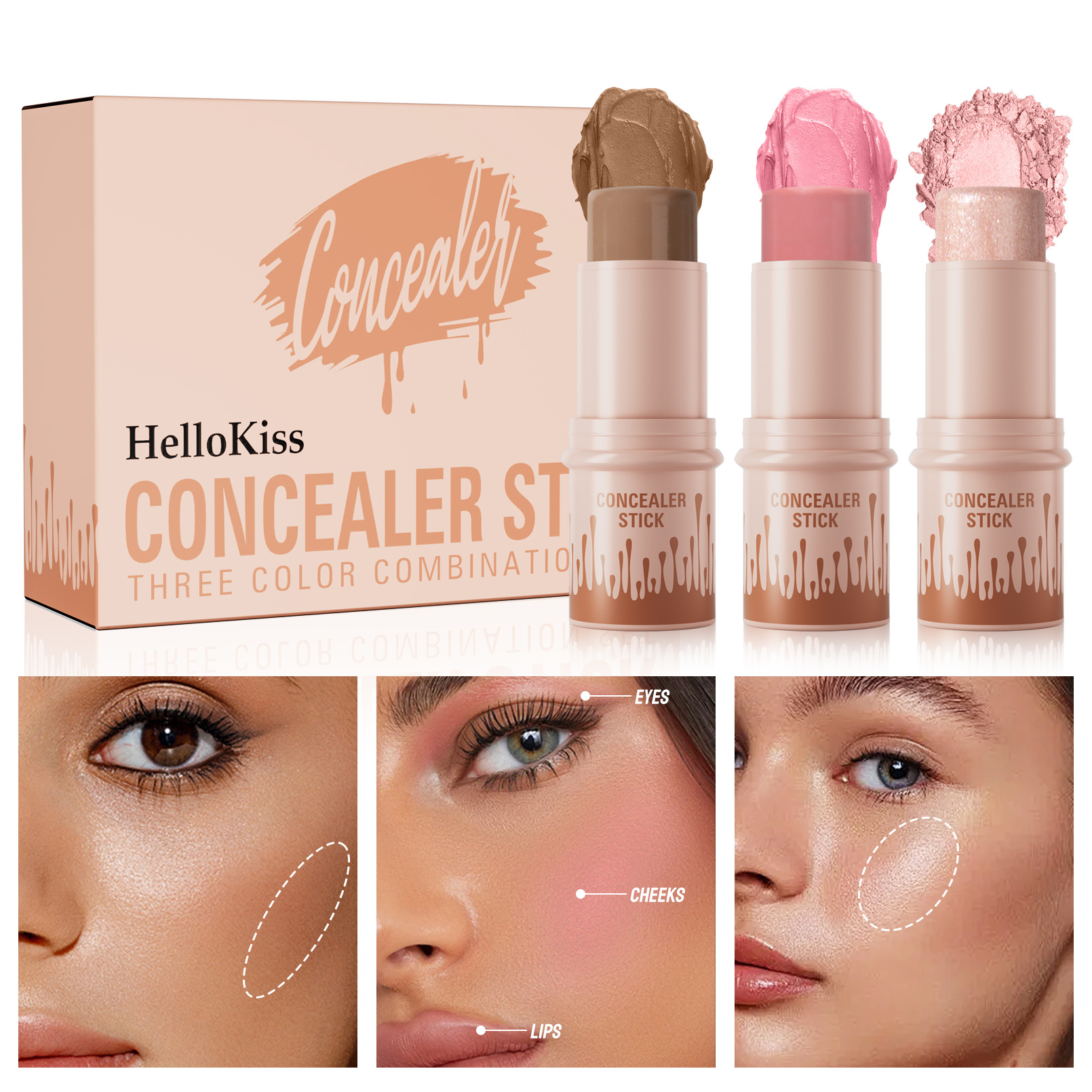 Hellokiss Multi-functional Contouring Stick 3-piece Set, Three-dimensional Contouring High-gloss Brightening Blush Stick, Cross-border Amazon full figure