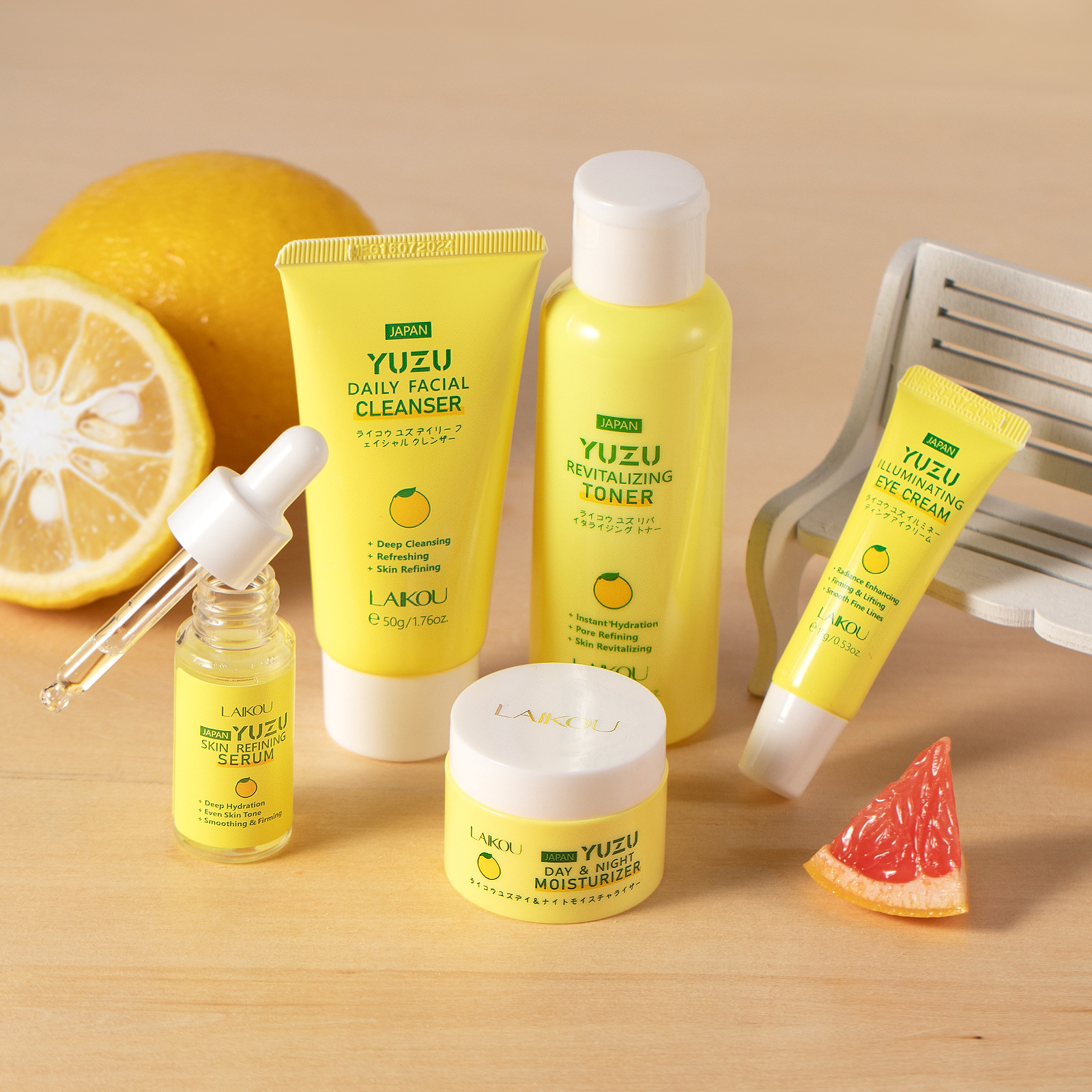 Cross-border LAIKOU Japanese Yuzu Five-piece Set Hydrating and Moisturizing Skin Care Gift Box Set, fda manufacturer one-piece consignment full figure