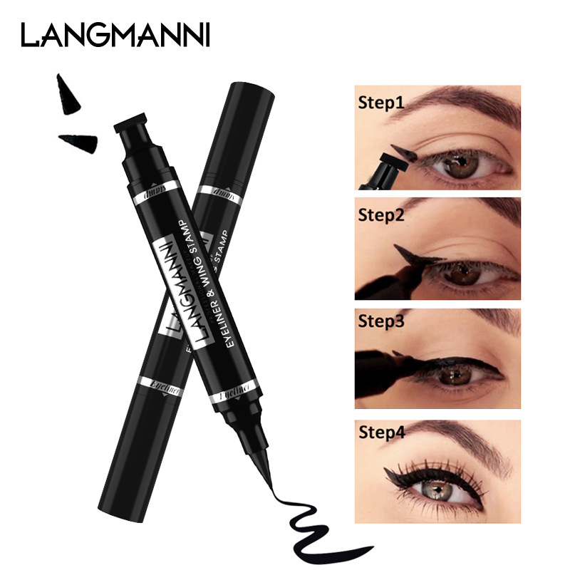 Langmanni double-head seal eyeliner pen is not easy to smudge 2-in-1 triangular black eyeliner liquid full figure