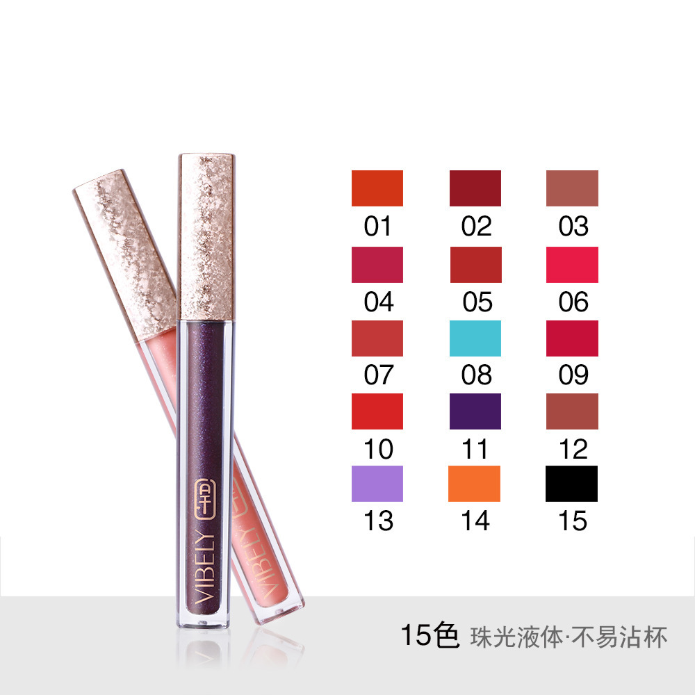 VIBELY Cross-border Non-stick Cup Matte Lip Gloss 15-color non-fading Liquid Lipstick Pearl Sparkling Lip Gloss Makeup details Picture