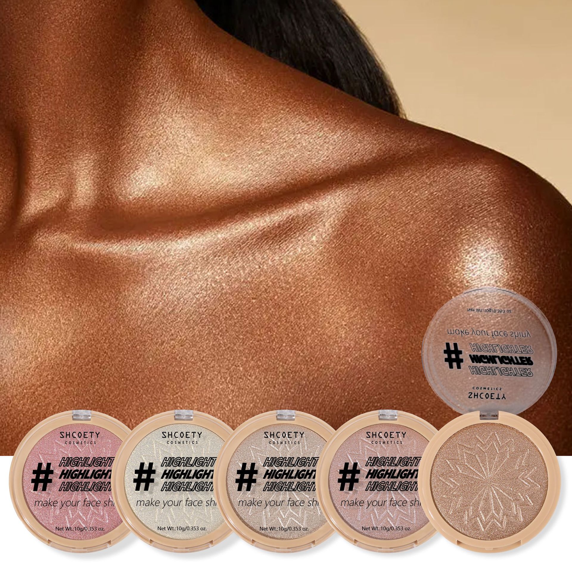 SHCOETY Cross-border 5-color Highlighter Powder Compact Facial brightening and contouring Set Long-lasting waterproof Highlighter Powder Cream Makeup details Picture